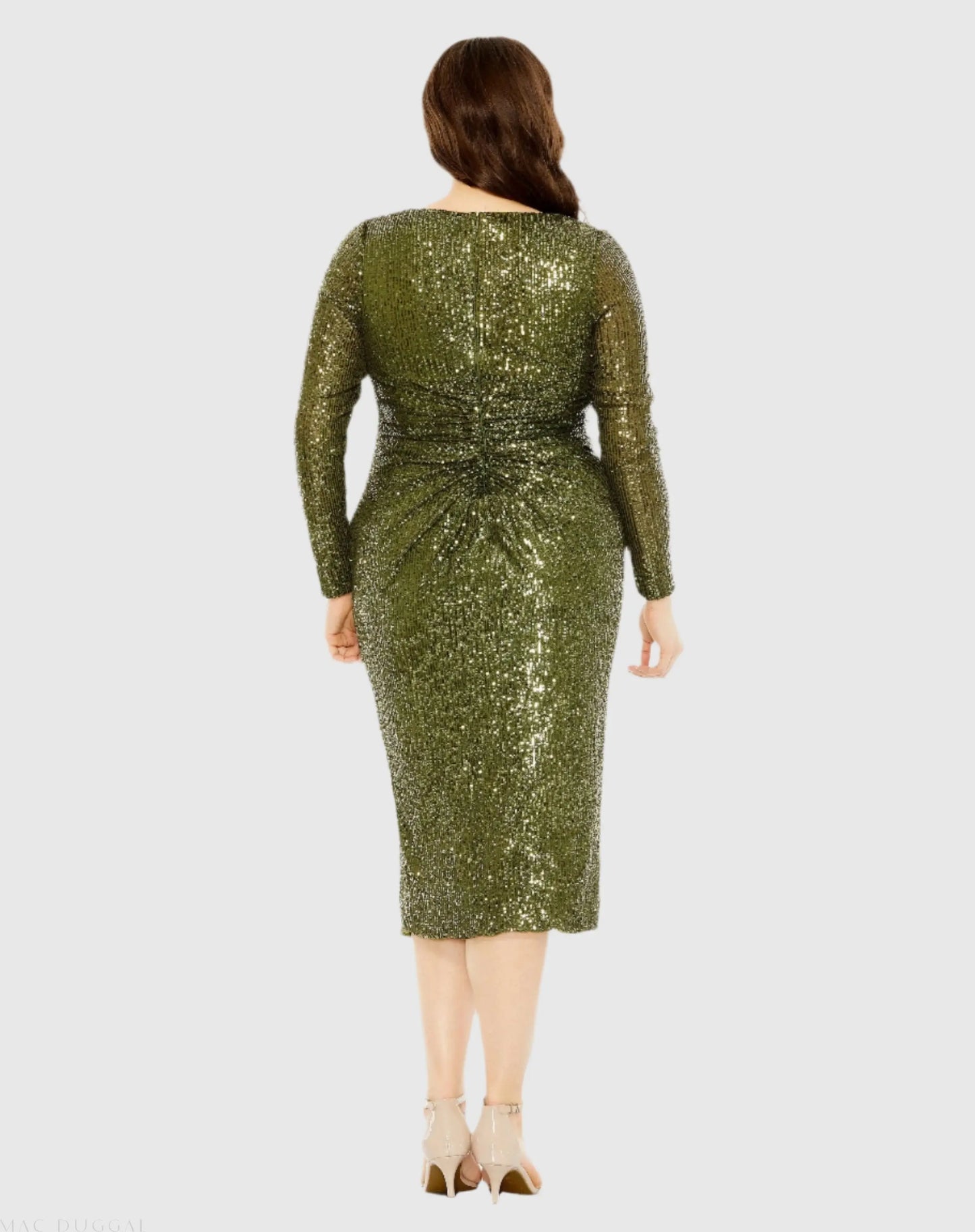 Green Long Sleeve Sequin Gathered Waist Dress - Mac Duggal