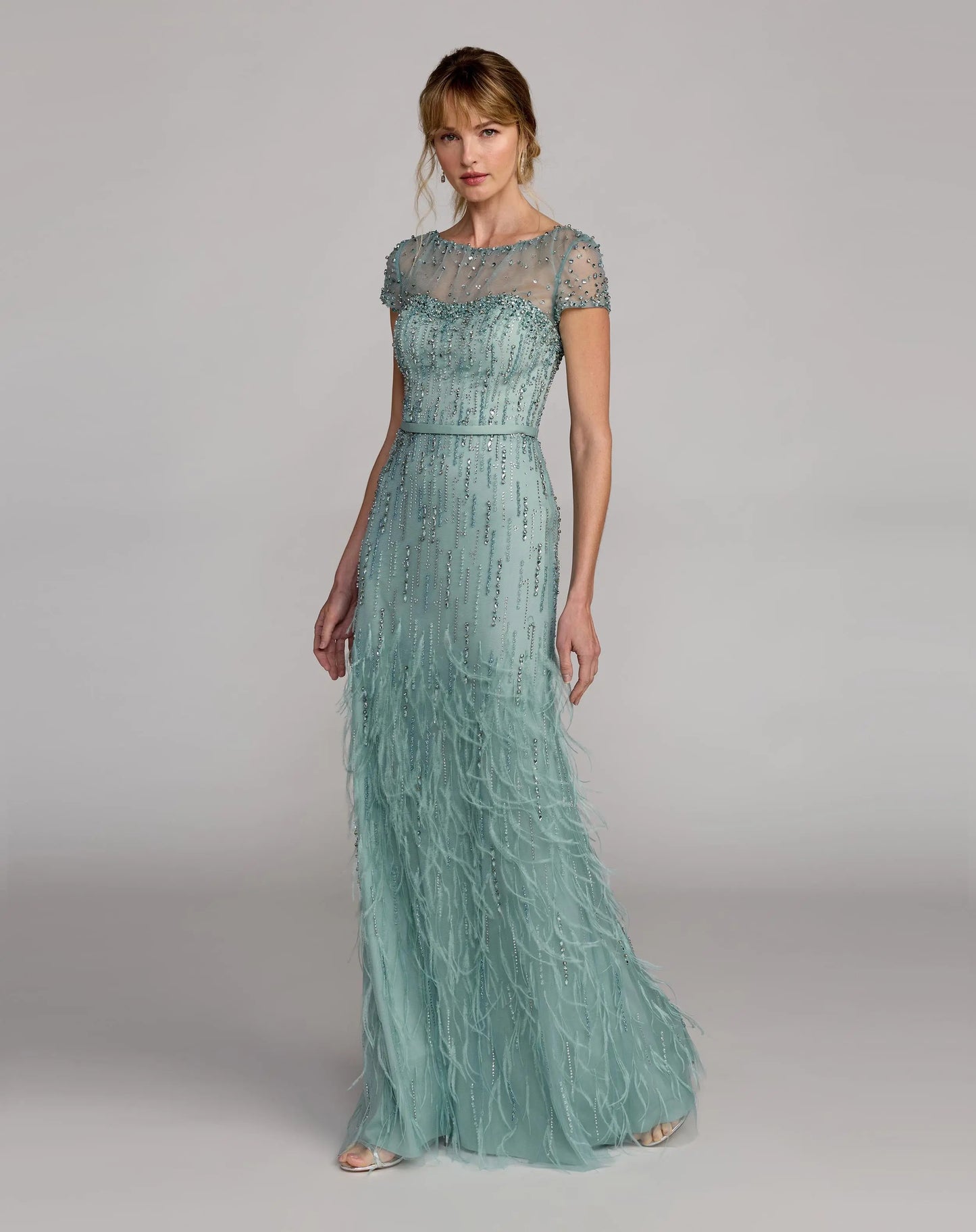 Blue Embellished Short Sleeve Feather Gown Mac Duggal