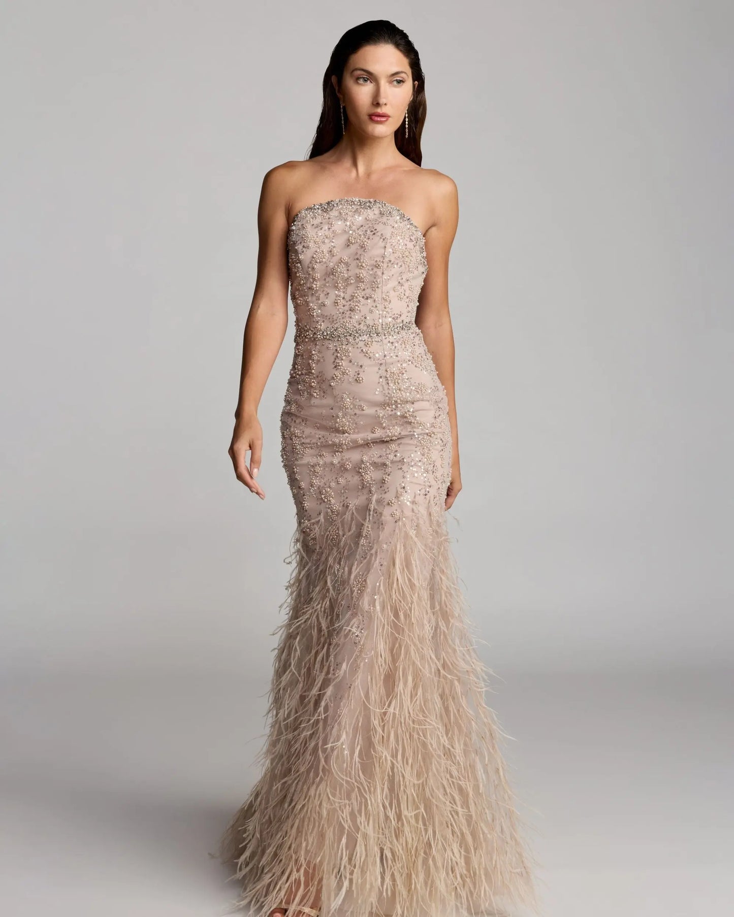 Beige Strapless Embellished Mermaid Gown With Feather Hem Mac Duggal