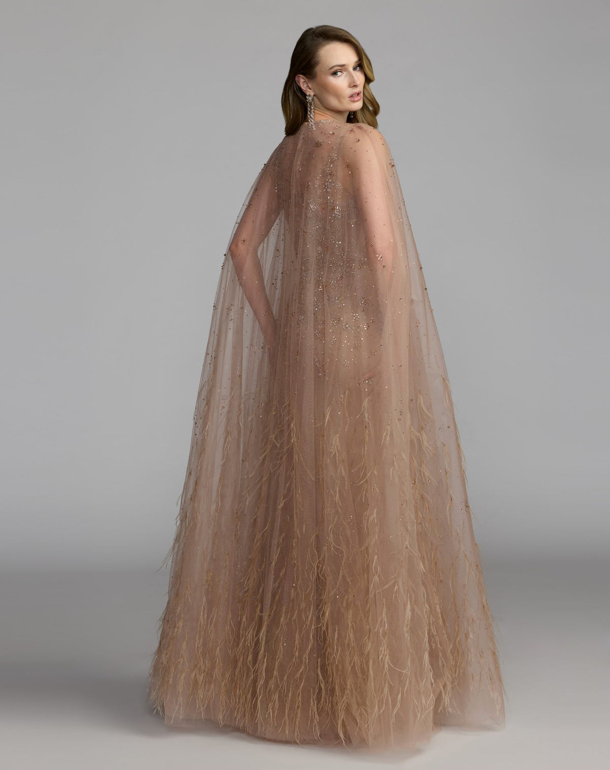 Porcelain Crystal Embellished Cape Gown With Feathers - Mac Duggal
