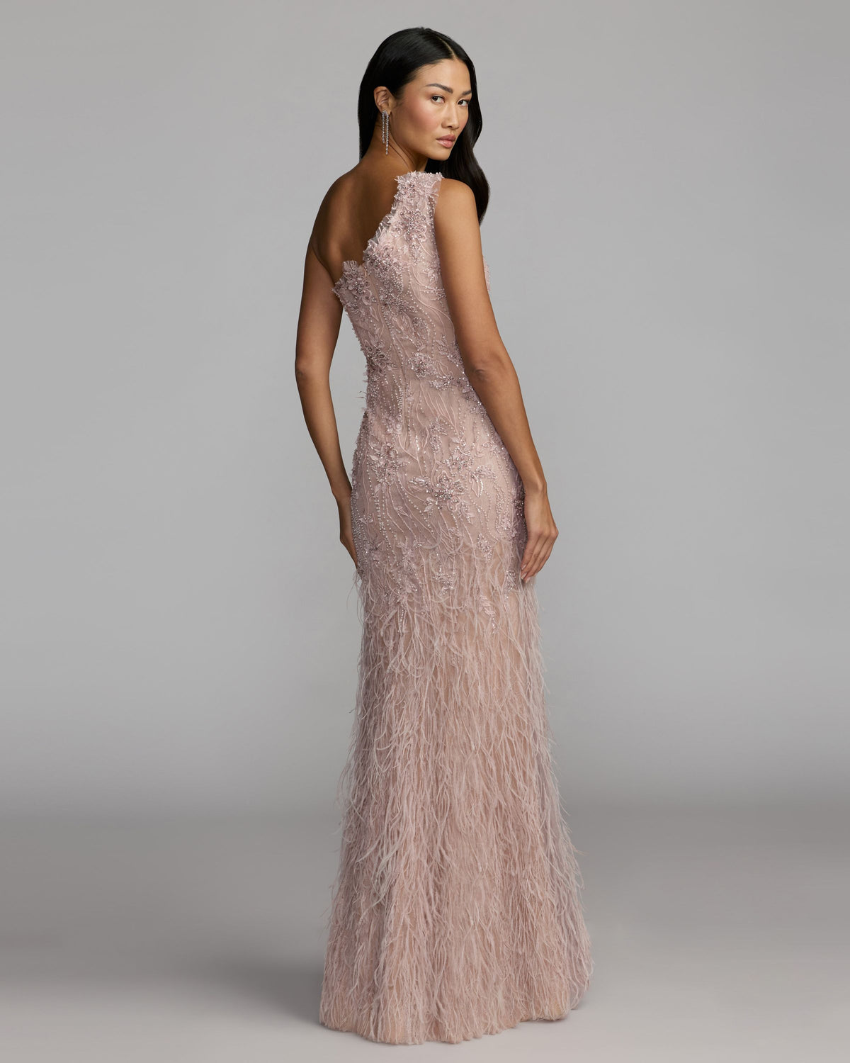 Vintage Lilac Embellished Lace One Shoulder Feather Gown - Mac Duggal