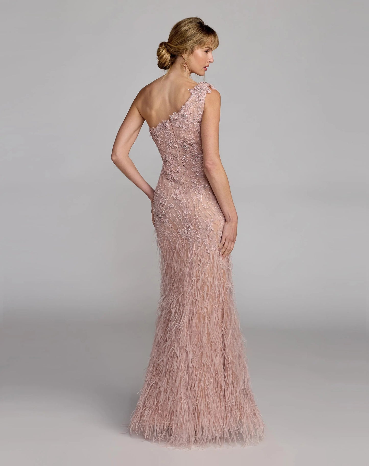 Pink Embellished Lace One Shoulder Feather Gown - Mac Duggal