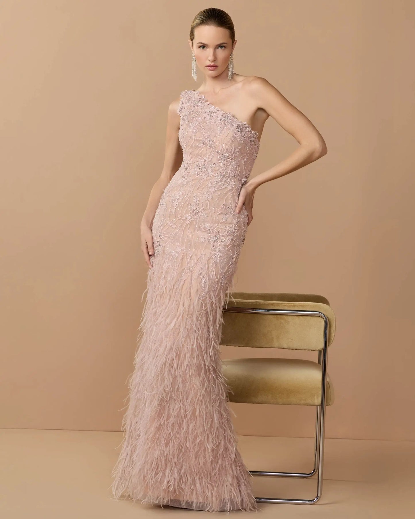 Pink Embellished Lace One Shoulder Feather Gown Mac Duggal