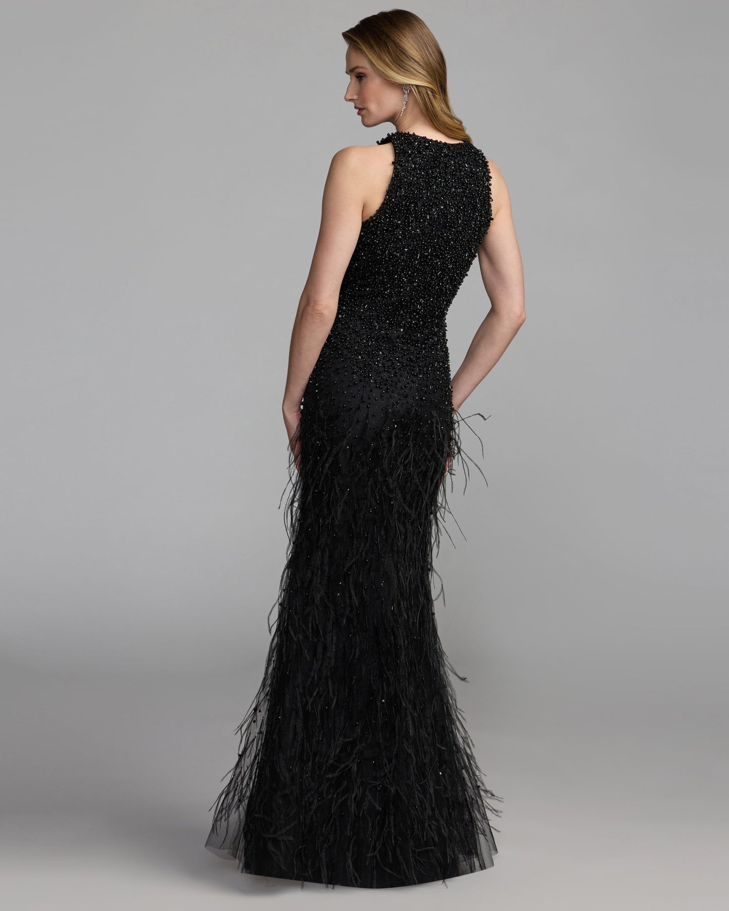 Black Embellished Lace Sleeveless Feather Gown Mac Duggal