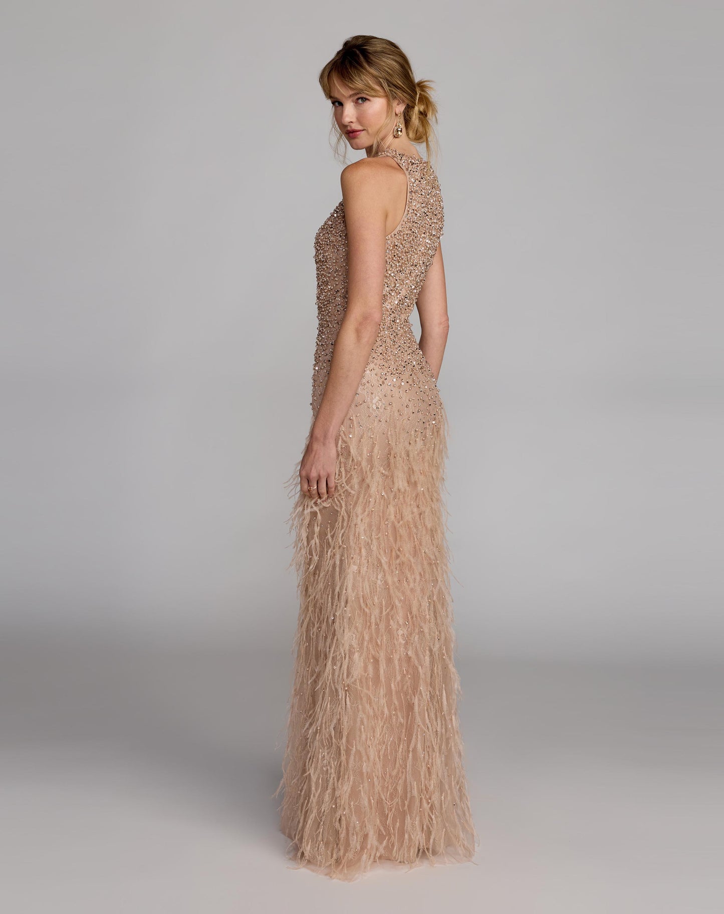 Beige Embellished Lace Sleeveless Feather Gown - Mac Duggal