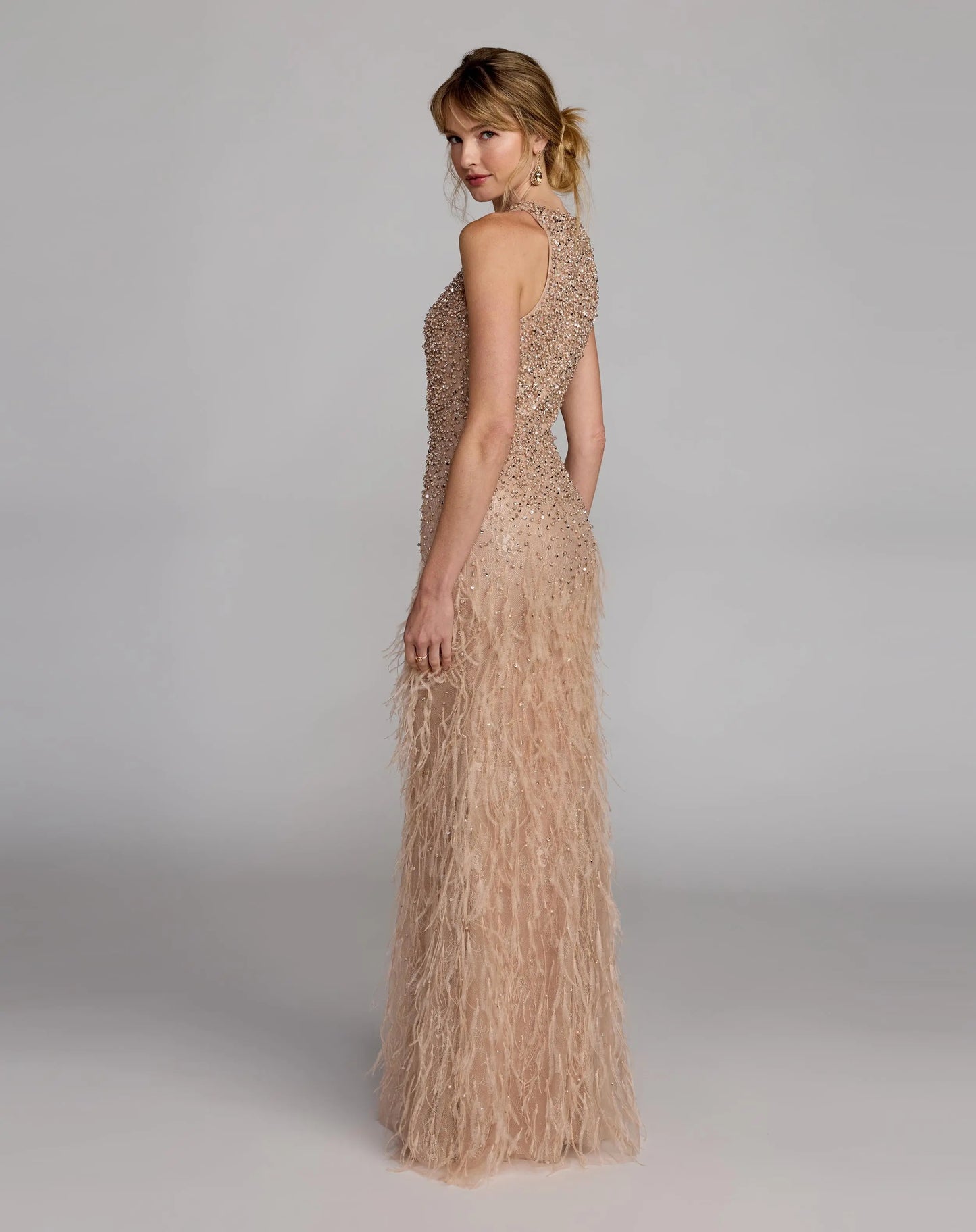Beige Embellished Lace Sleeveless Feather Gown - Mac Duggal