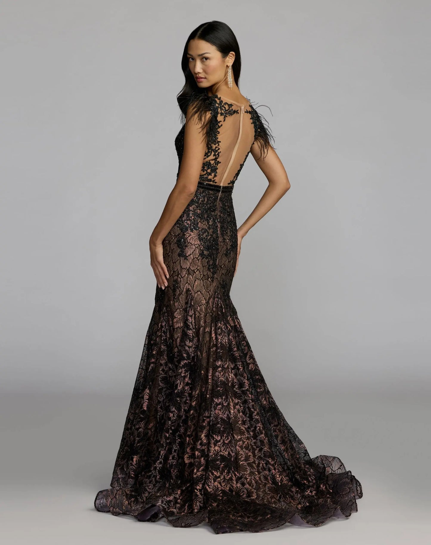 Black Embellished Lace High Neck Gown With Feather Sleeves - Mac Duggal
