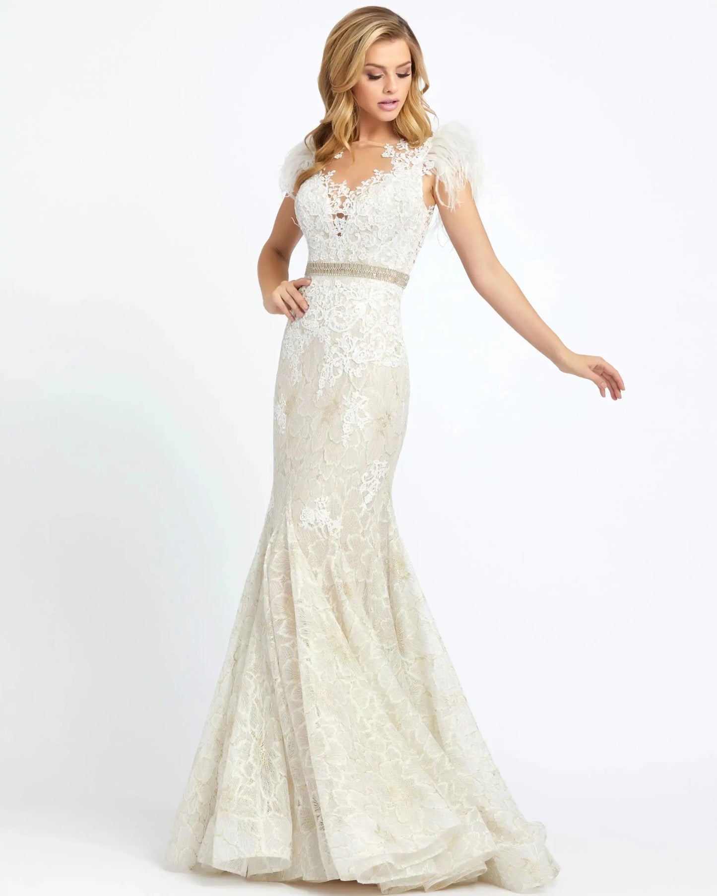 White Embellished Feather Cap Sleeve Illusion Neck Trumpet Gown - Mac Duggal