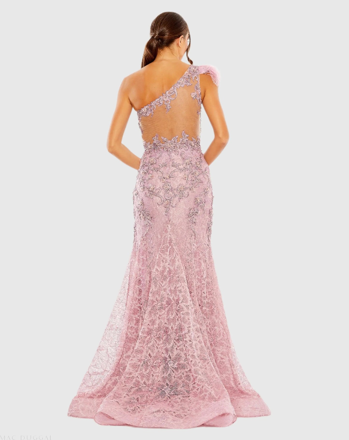 Pink Embellished Lace One Shoulder Gown With Feather Detail - Mac Duggal