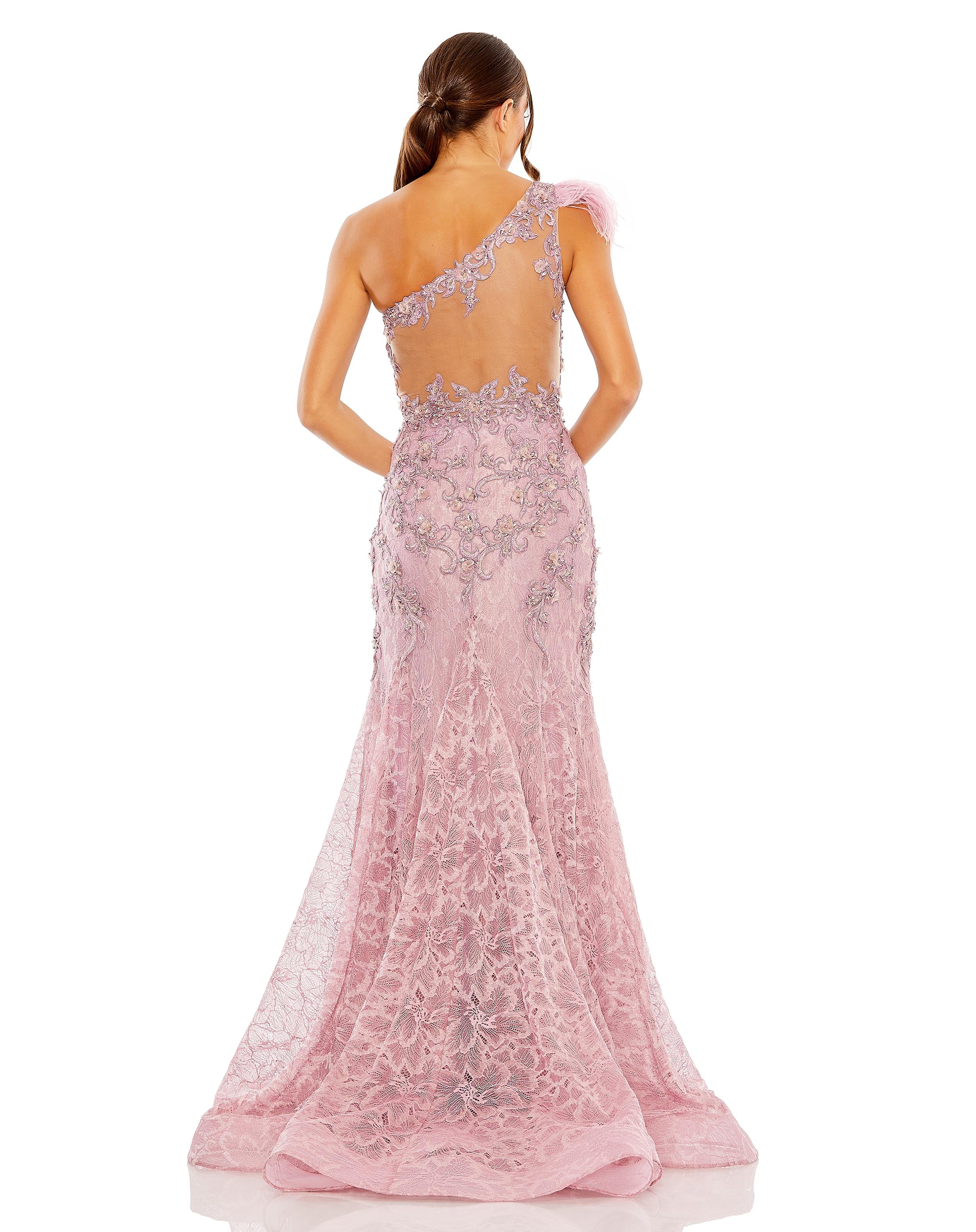 Embroidered Applique Feathered One Shoulder Trumpet Gown