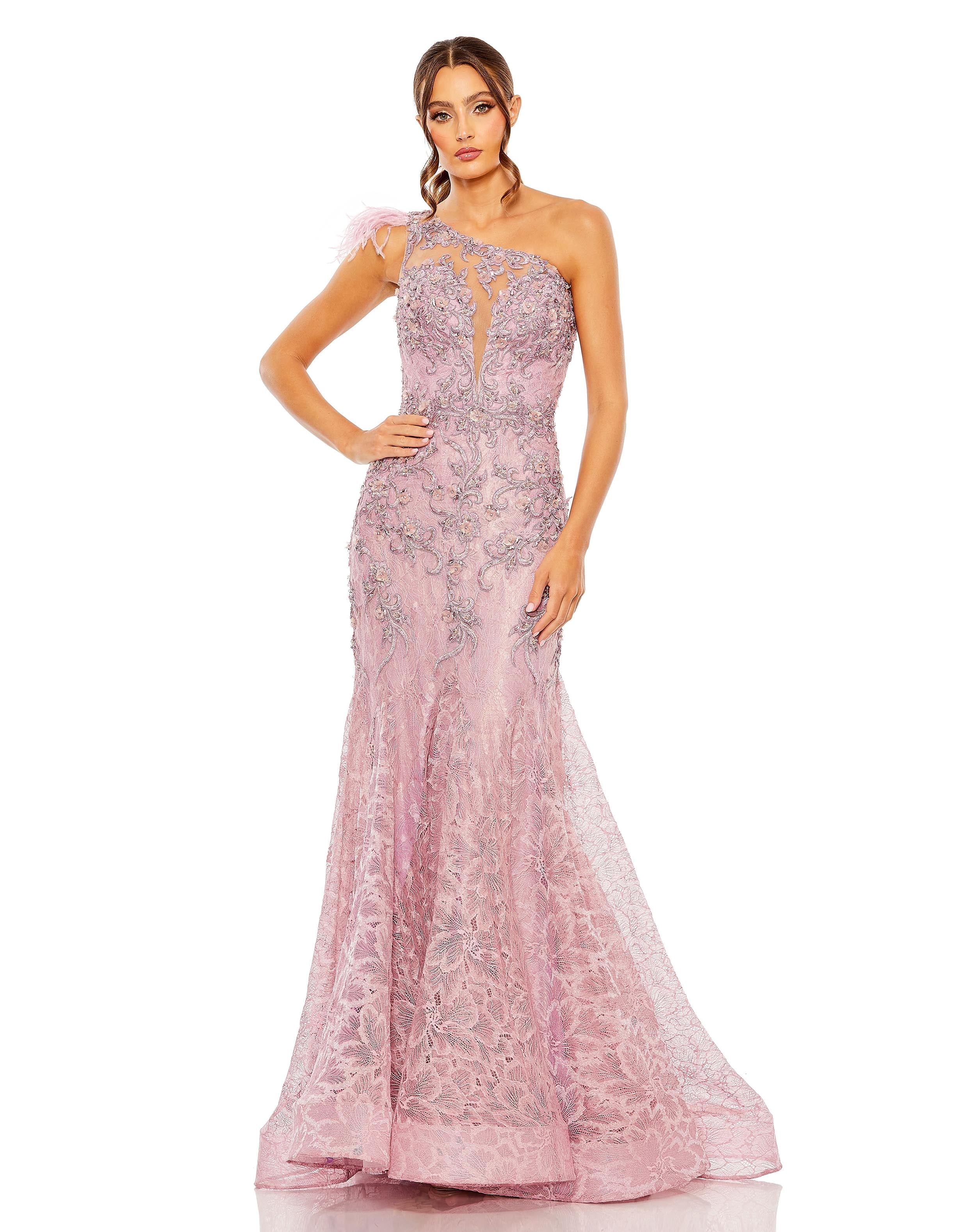 Embroidered Applique Feathered One Shoulder Trumpet Gown