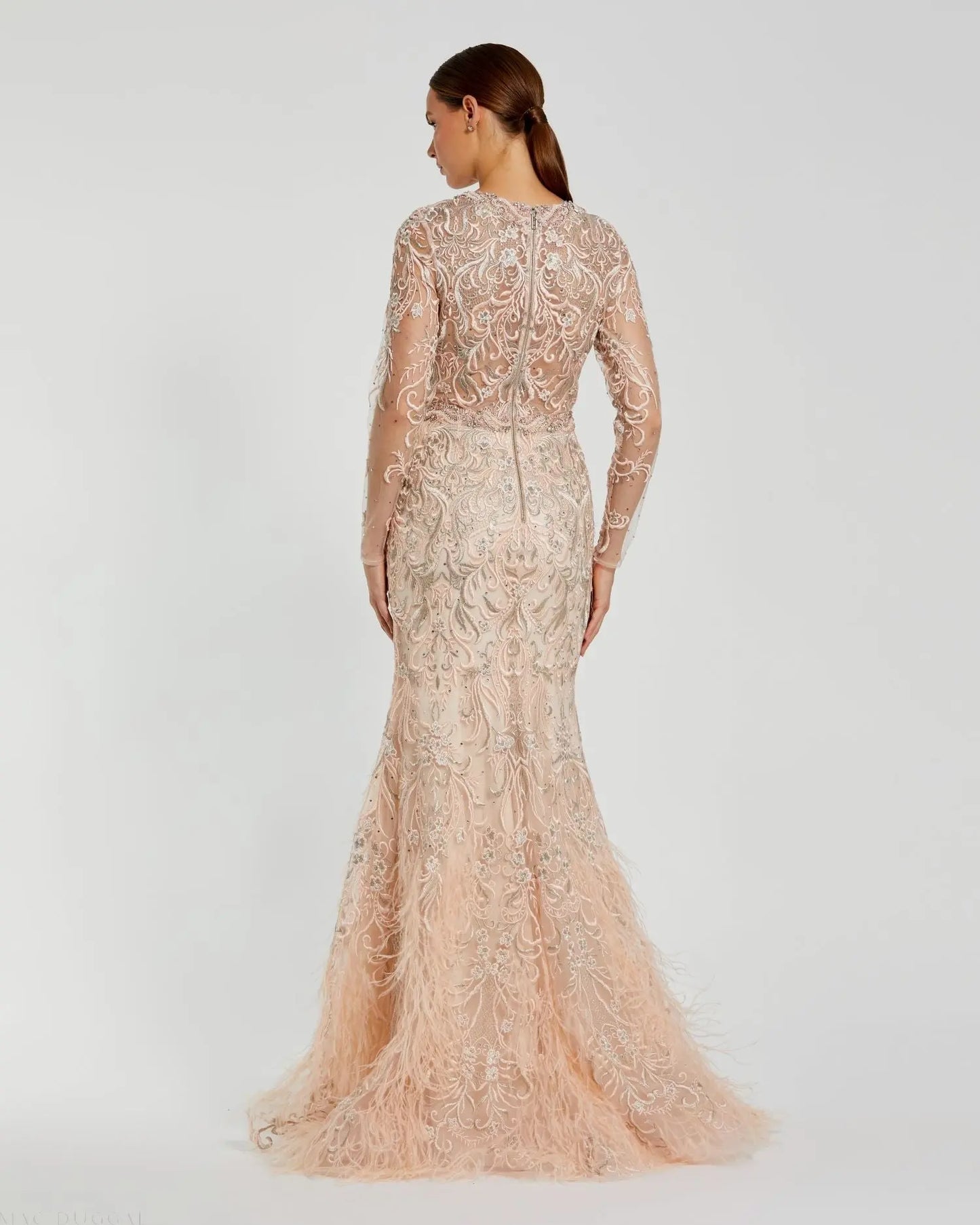 Pink Embroidered Long Sleeve Gown With Feather Hem - Mac Duggal
