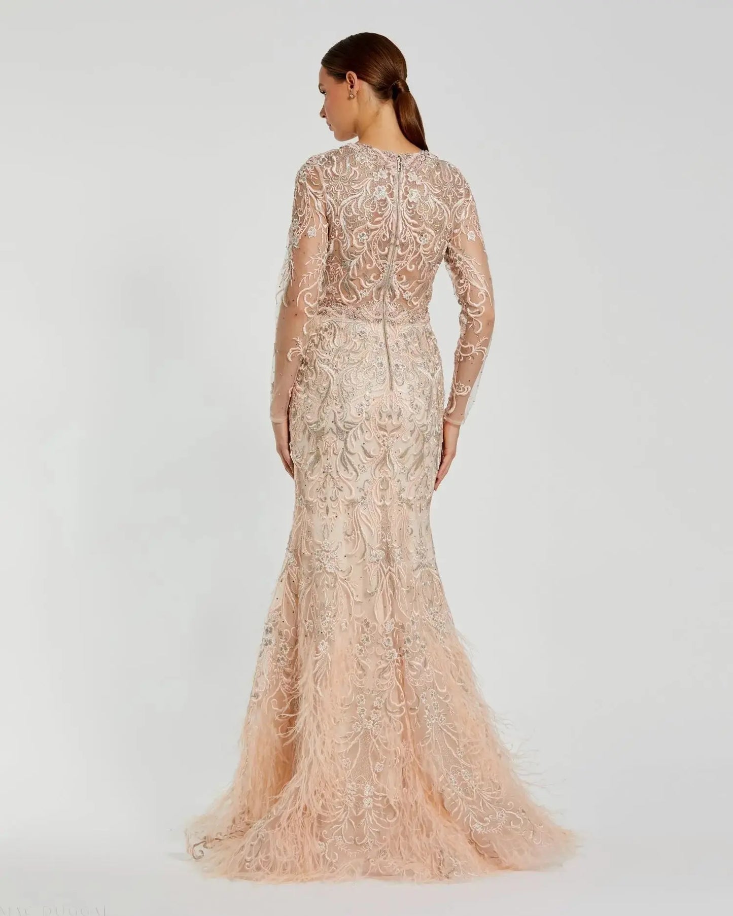 Pink Embroidered Long Sleeve Gown With Feather Hem - Mac Duggal