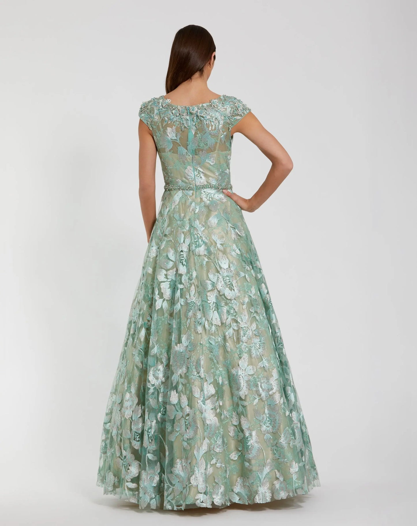 Green Embellished Cap Sleeve High Neck A-Line Ballgown - Mac Duggal