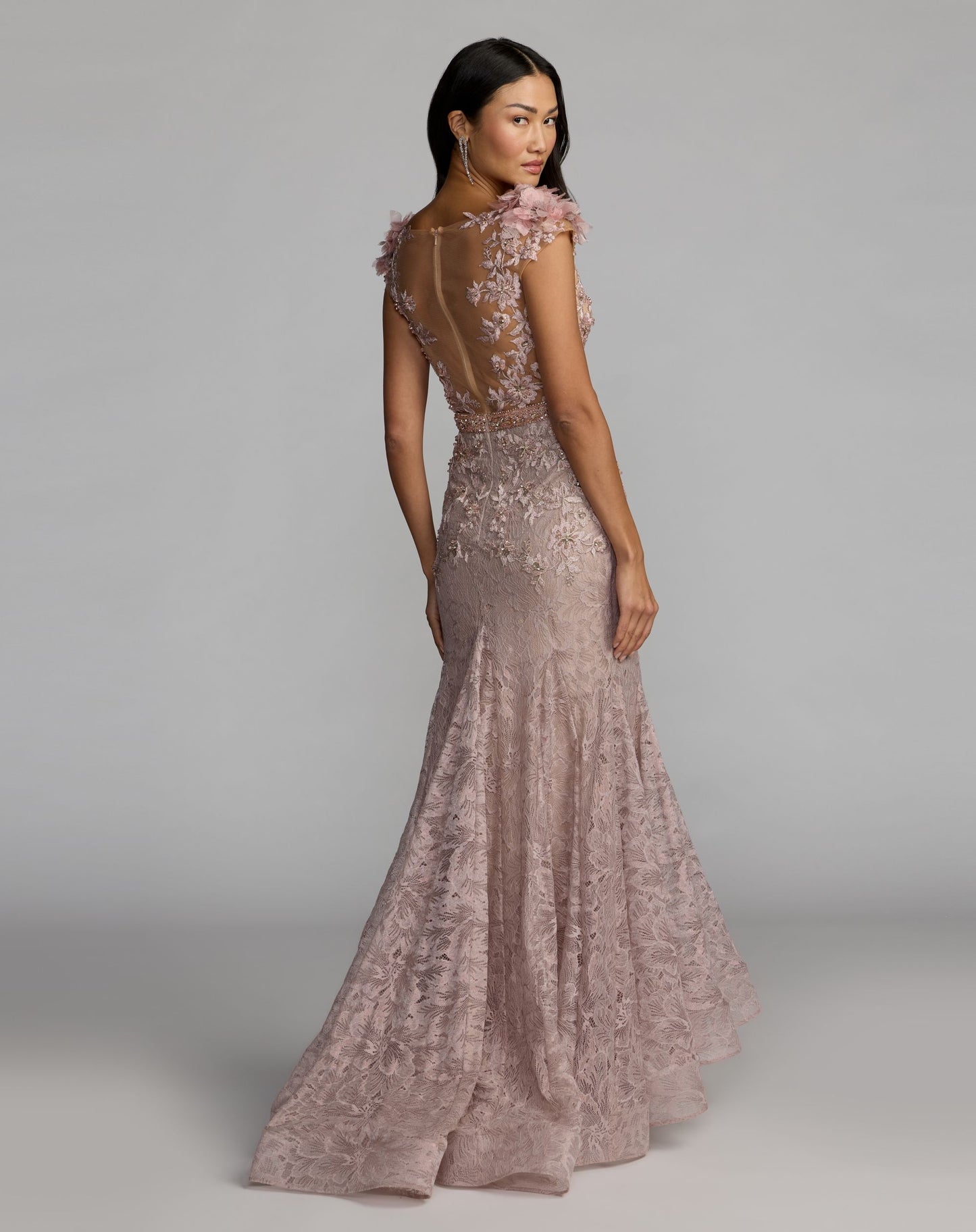 Pink Embellished Lace Illusion Neck Gown With 3D Flowers - Mac Duggal