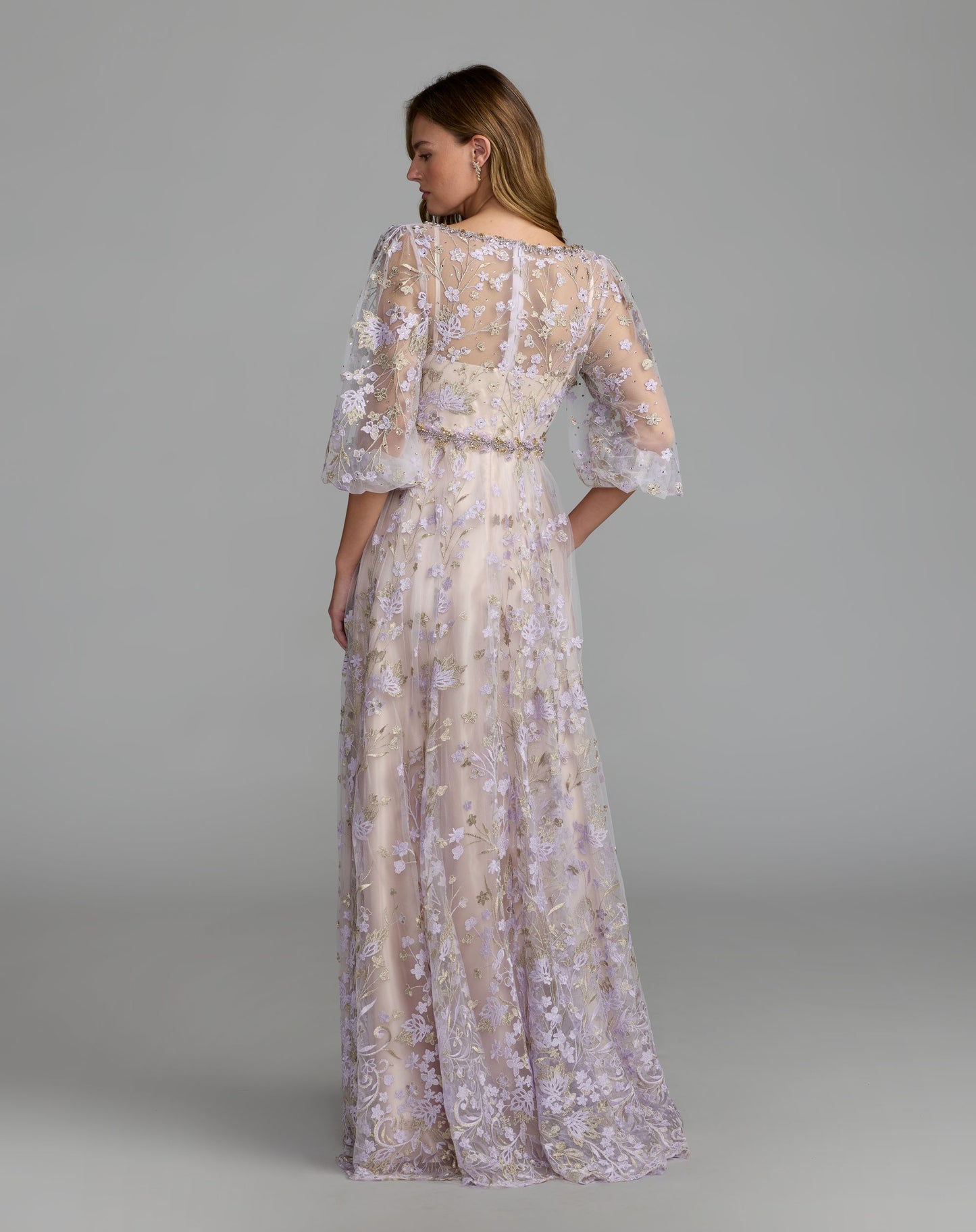 Purple Embroidered A-Line Gown With 3/4 Puff Sleeves - Mac Duggal