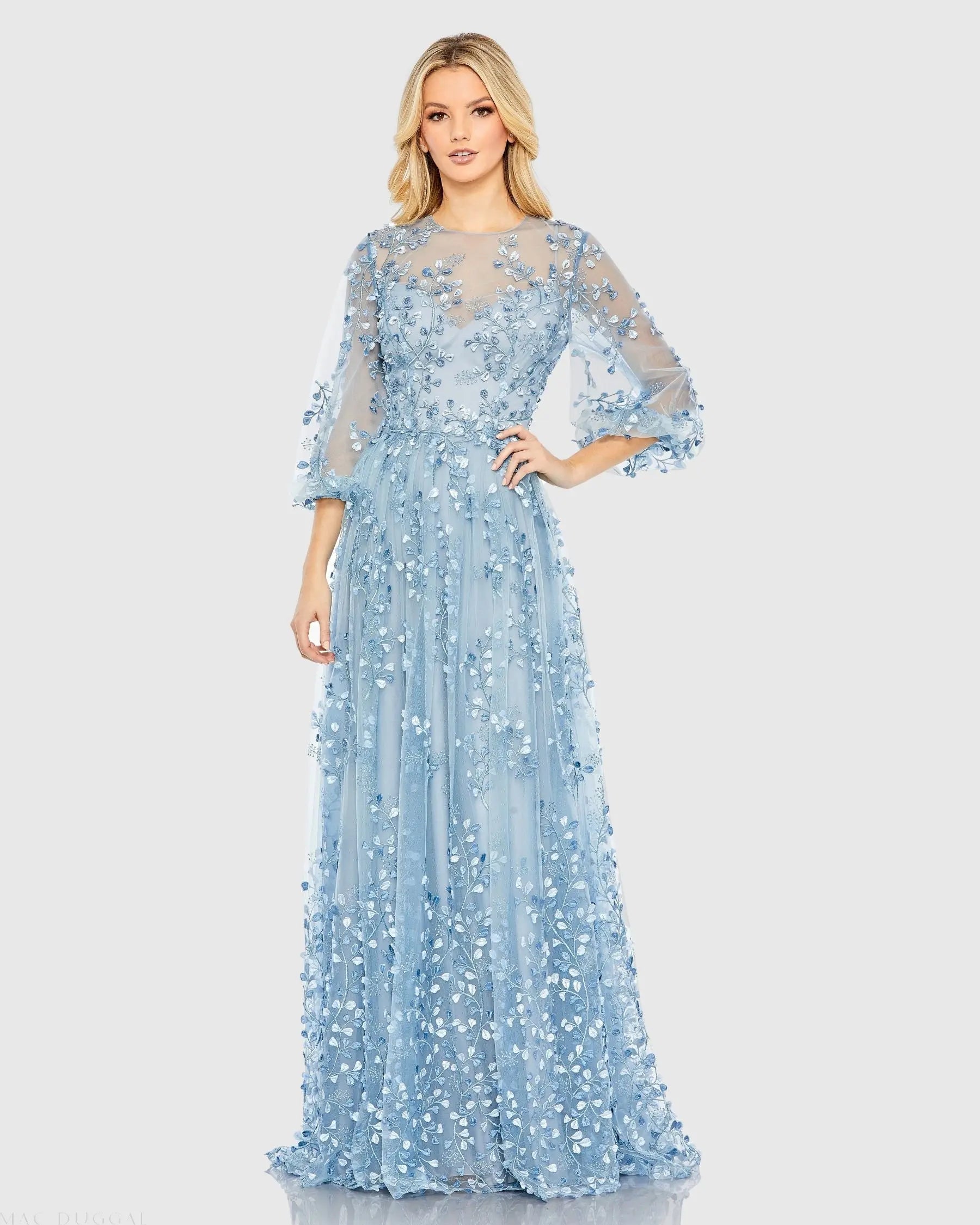 Mac Duggal - Blue Embroidered Puff Sleeve A-Line Gown - US 14 Mac Duggal - Blue Embroidered Puff Sleeve A-Line Gown - US 14