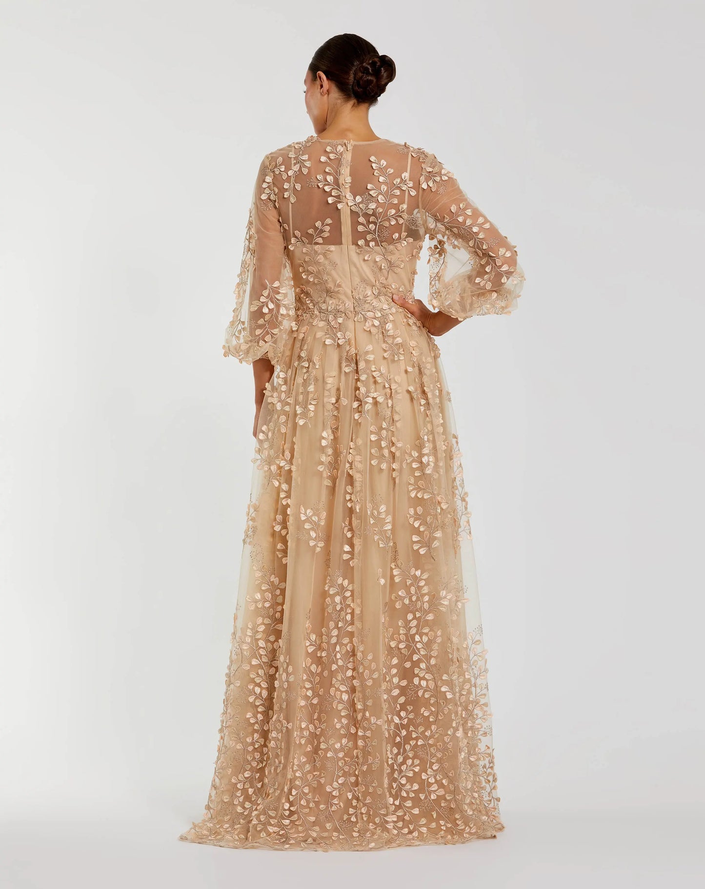 Beige Embroidered Puff Sleeve A-Line Gown - Mac Duggal