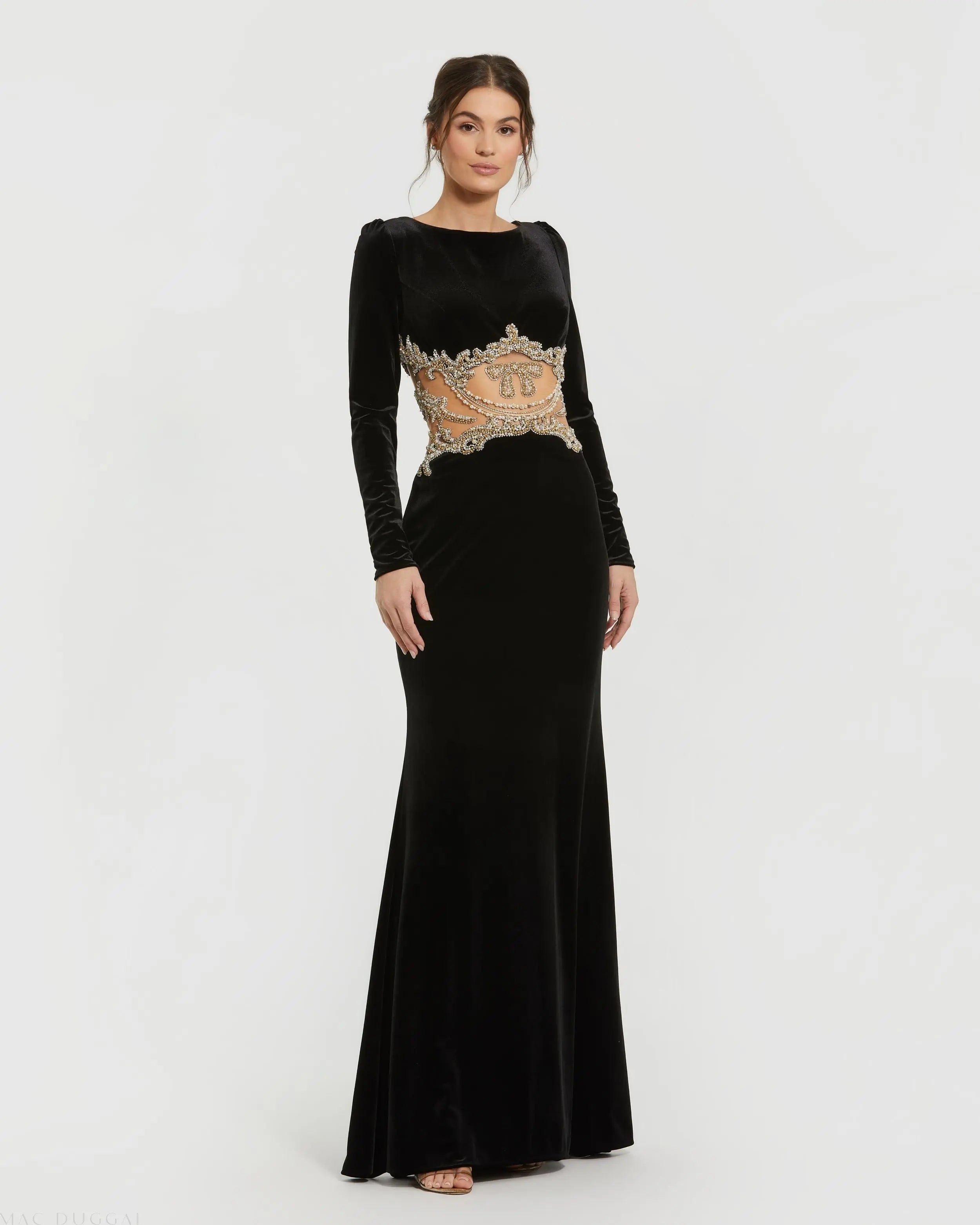 Black Long Sleeve Sheer Embellished Velvet Gown | Mac Duggal Black Long Sleeve Sheer Embellished Velvet Gown | Mac Duggal