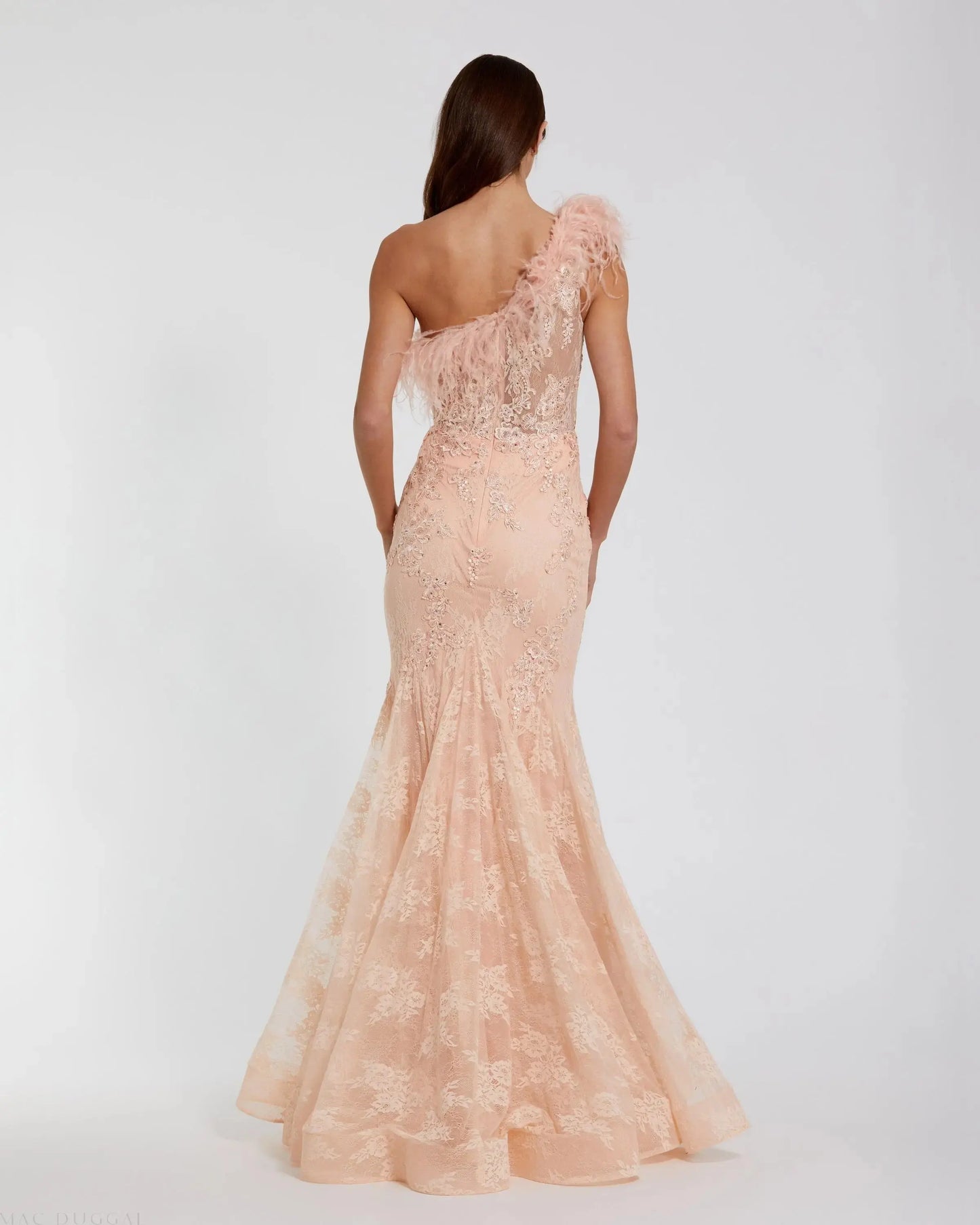 Pink One Shoulder Feather Embellished Mermaid Gown - Mac Duggal