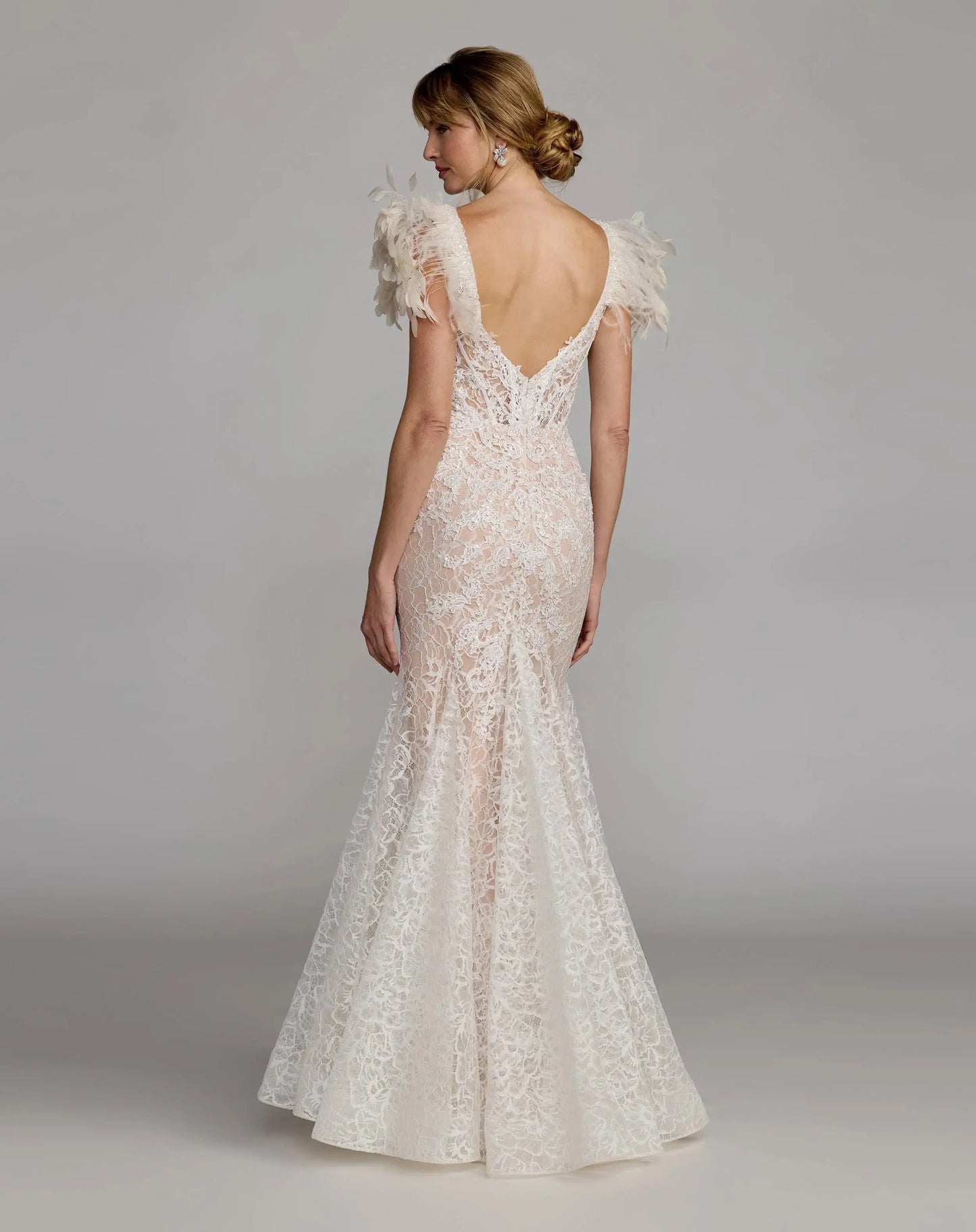 Ivory Embroidered Lace Mermaid Gown With Feather Sleeves - Mac Duggal