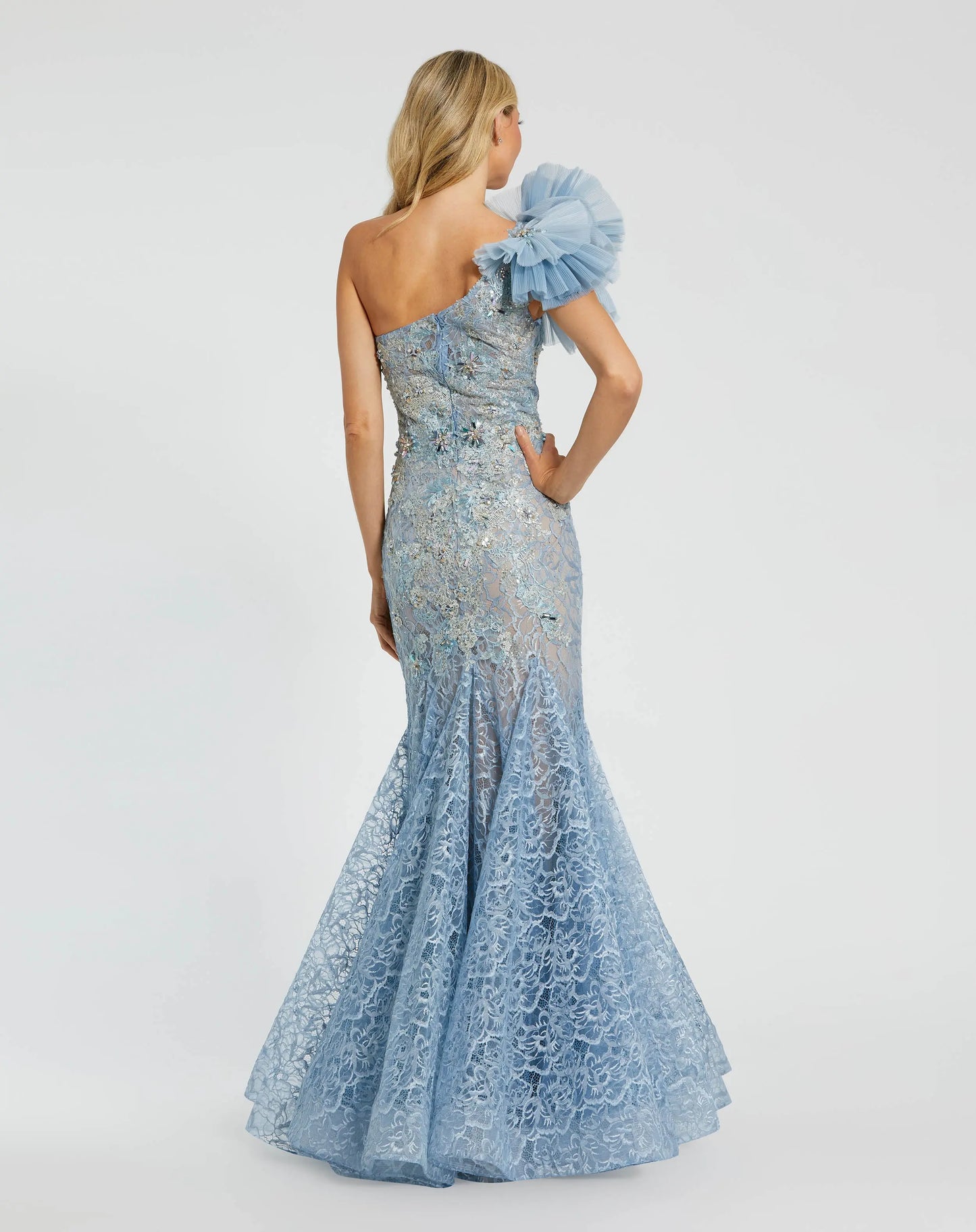 Blue Embellished Tulle Flower Detail Mermaid Gown - Mac Duggal