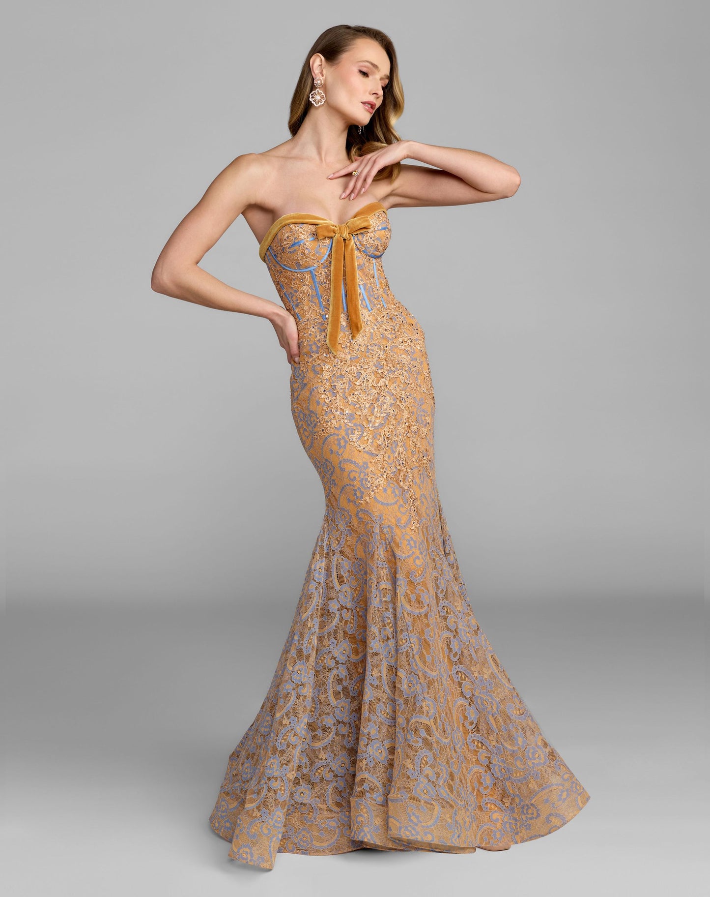 Orange Embroidered Lace Strapless Mermaid Gown - Mac Duggal