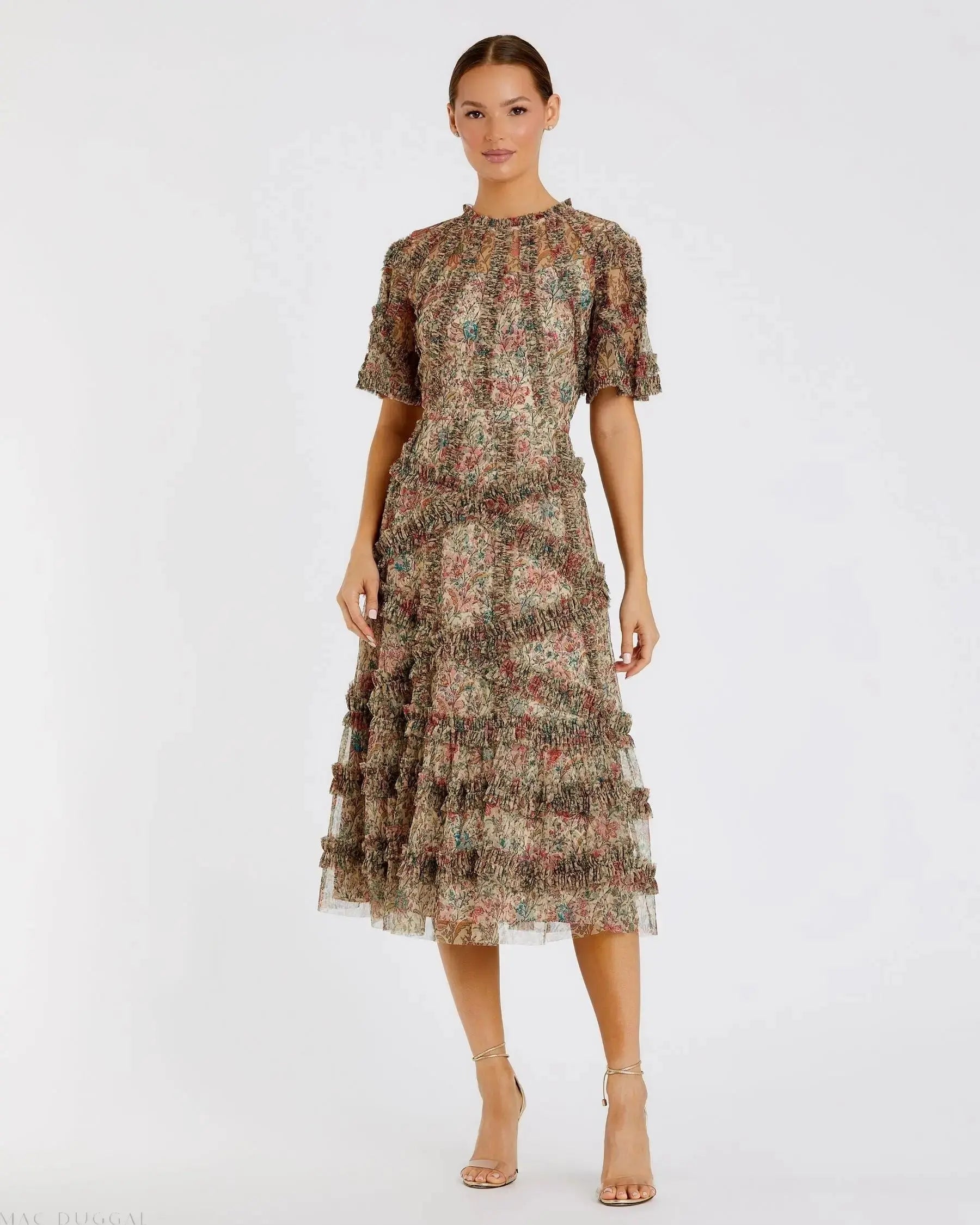 Beige Floral Midi Dress with Ruffle Detailing | Mac Duggal Beige Floral Midi Dress with Ruffle Detailing | Mac Duggal