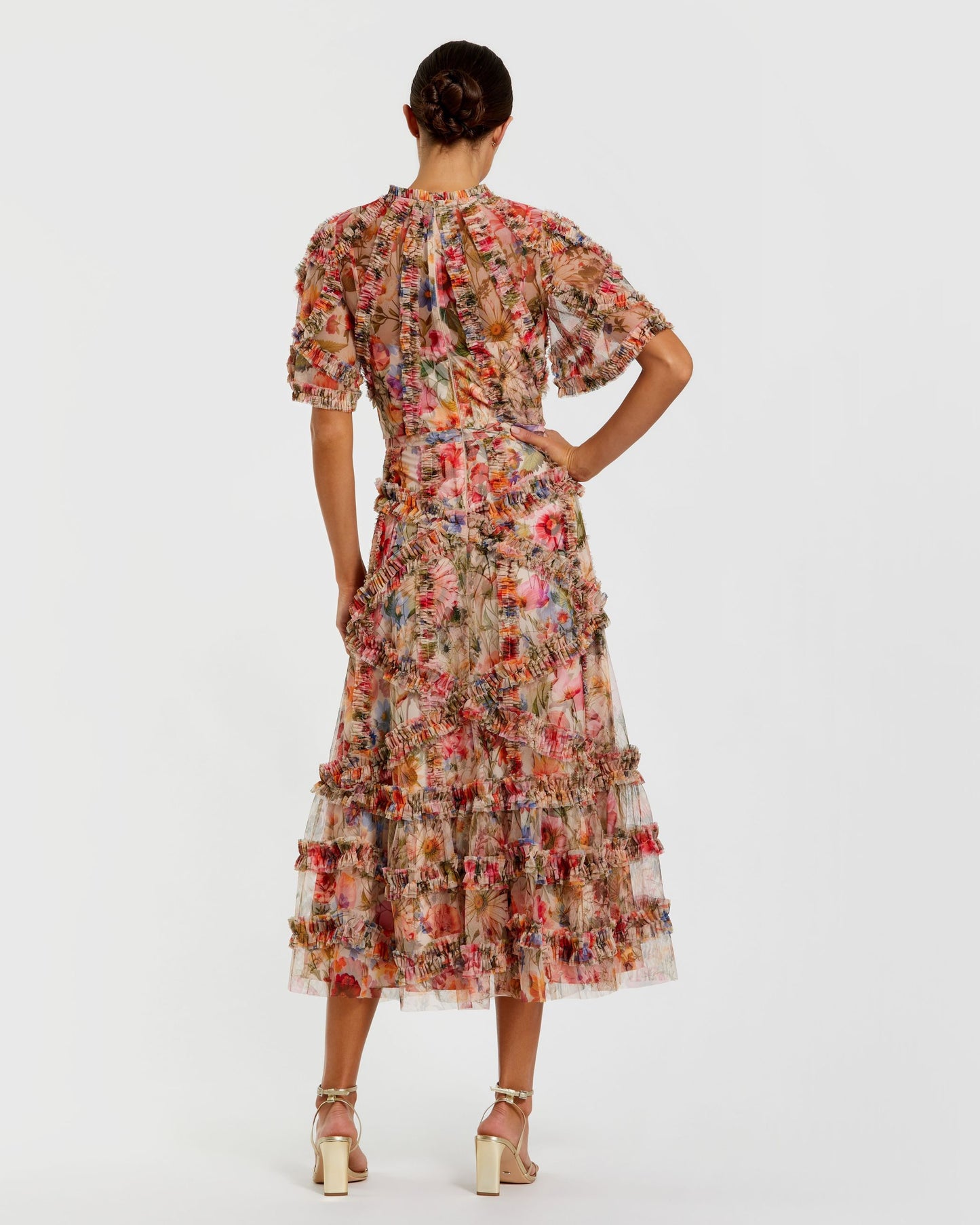 Multicolor Floral Midi Dress with Ruffle Detailing