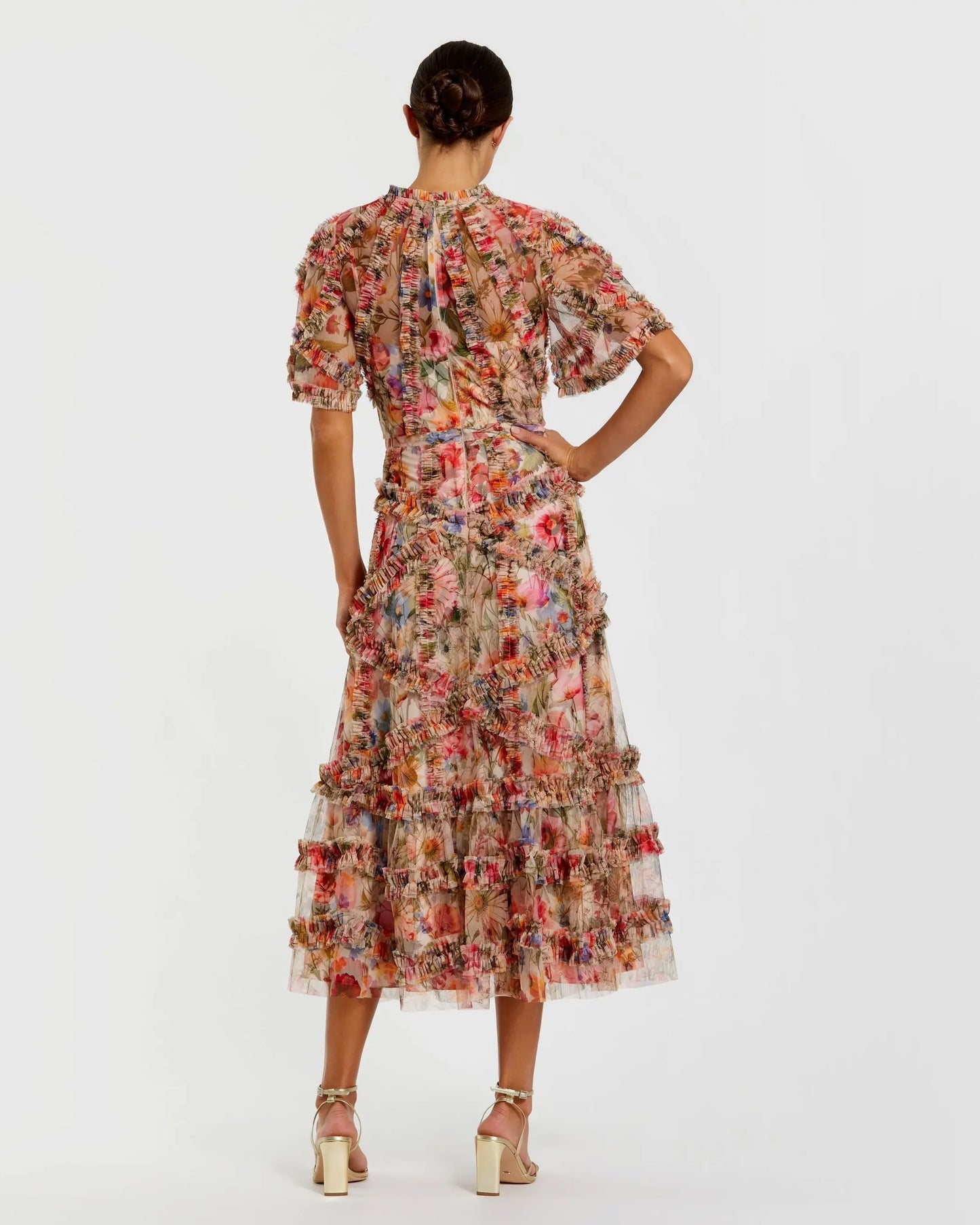 Multicolor Floral Midi Dress with Ruffle Detailing Mac Duggal