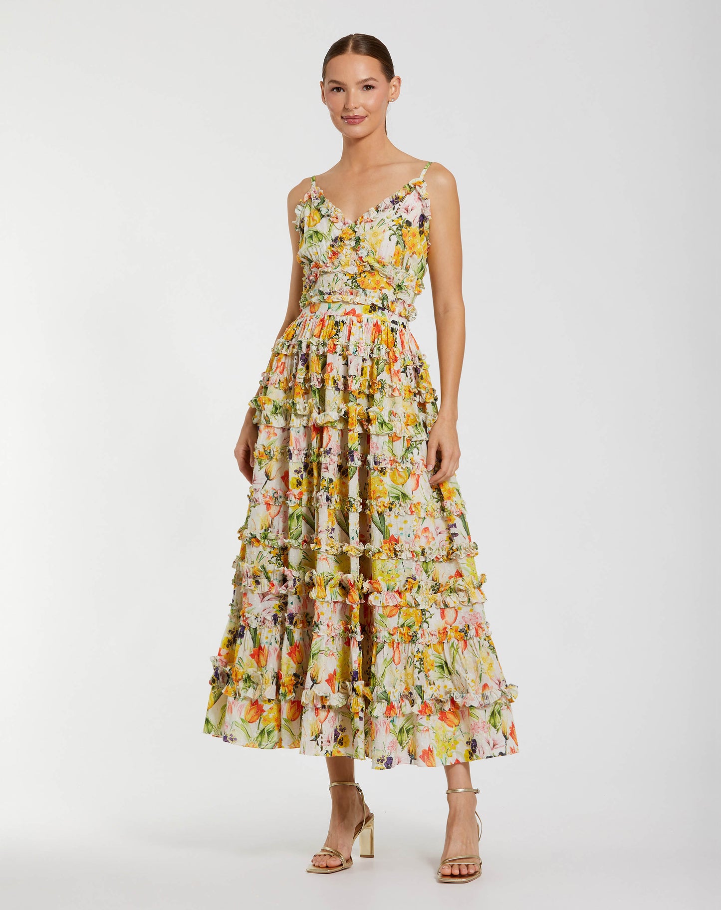 Yellow Floral Printed Micro Ruffle Cotton Midi Dress - Mac Duggal