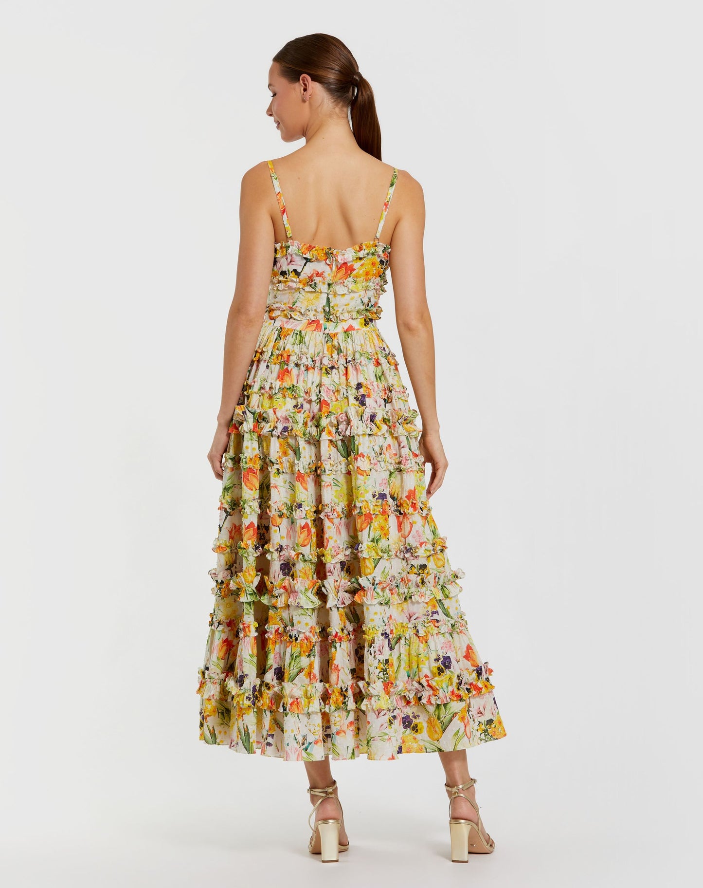 Yellow Floral Printed Micro Ruffle Cotton Midi Dress - Mac Duggal