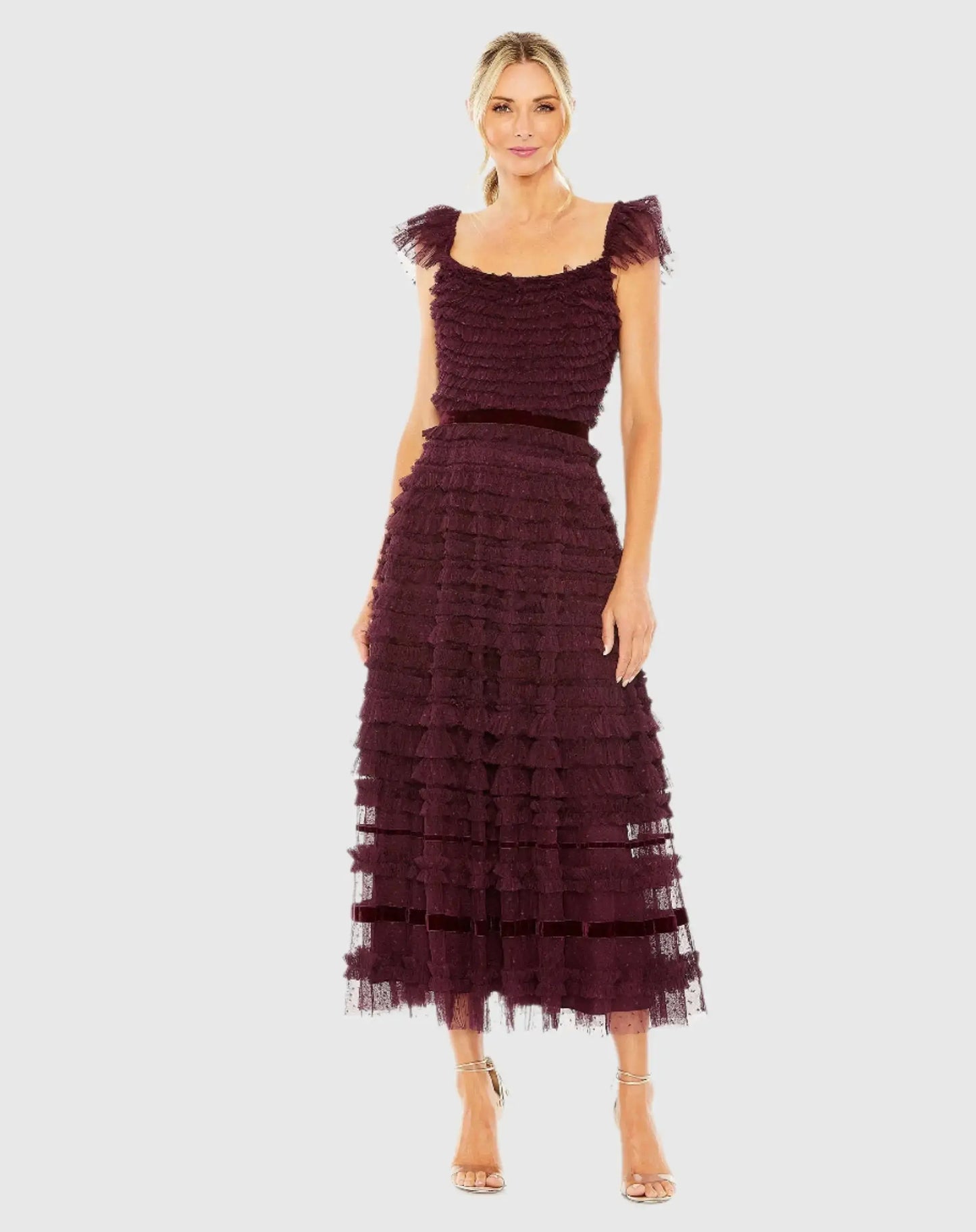 Purple Ruffle Cap Sleeve Tiered Midi Dress - Mac Duggal