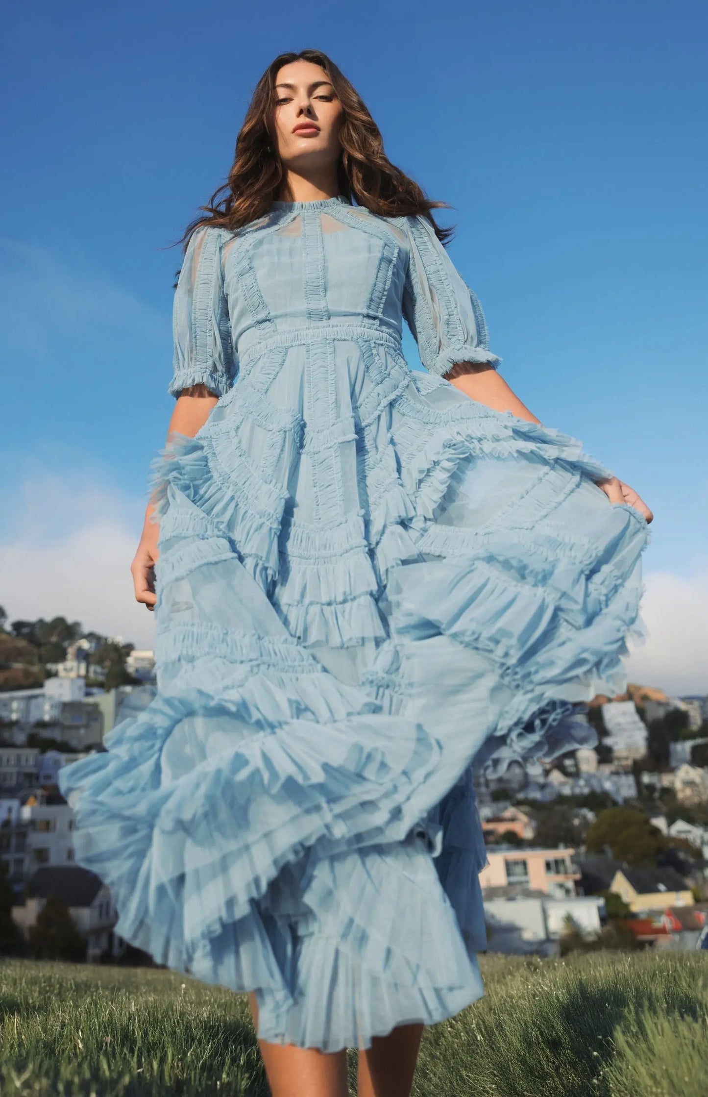 Blue High Neck Ruffle Tiered A-Line Midi Dress - Mac Duggal