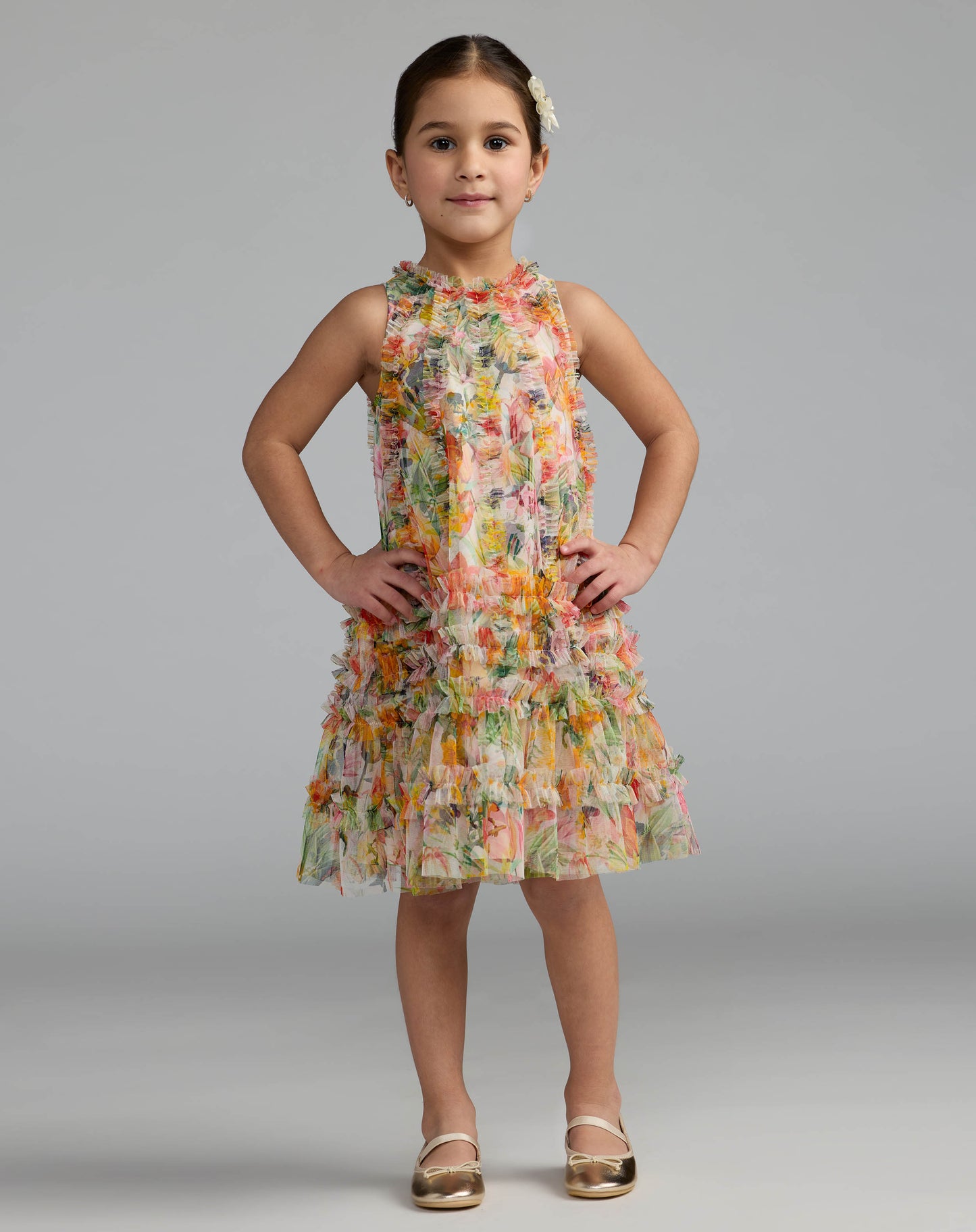 Girls Yellow Mesh Floral Print A-Line Dress Mac Duggal