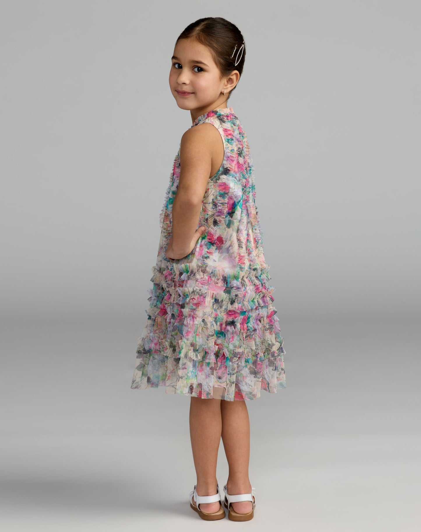 Girls Multicolor Floral Printed Ruffle Mini Dress - Mac Duggal