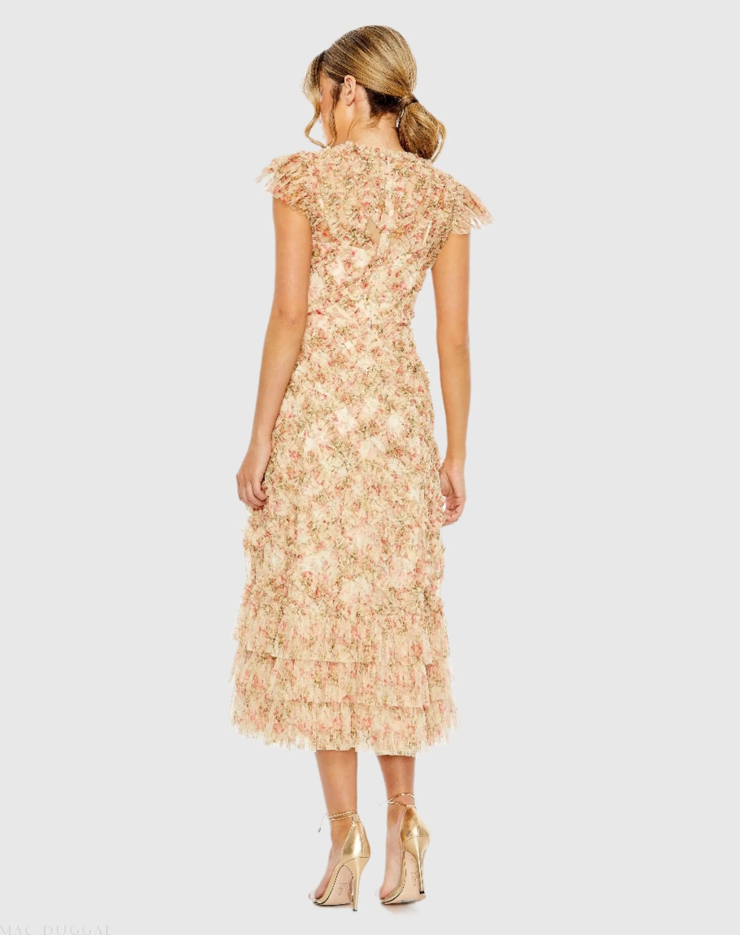 Beige Ruffle Tiered Short Sleeve A Line Dress - Mac Duggal