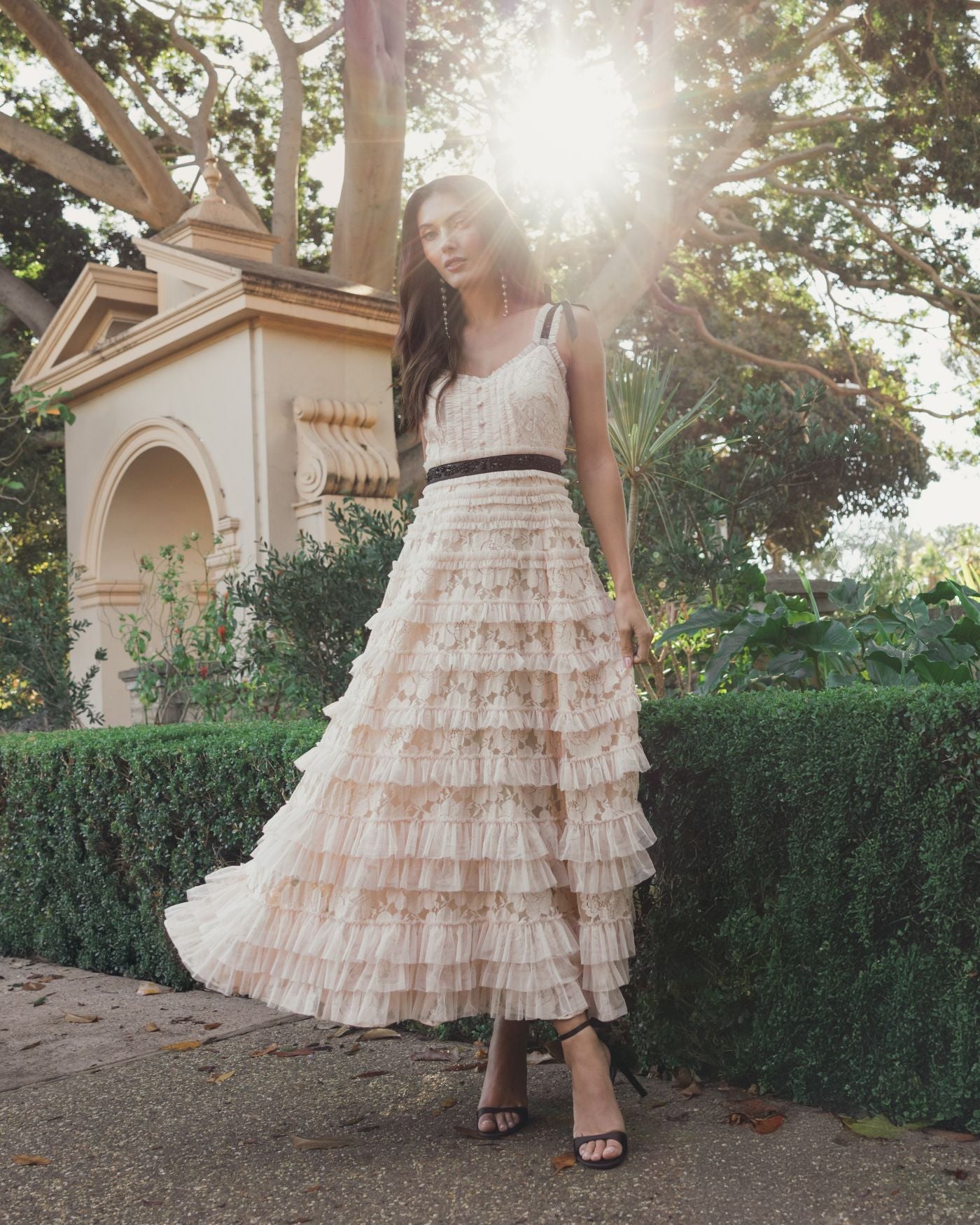 Pink Lace Tiered Midi Dress with Bow Straps Mac Duggal