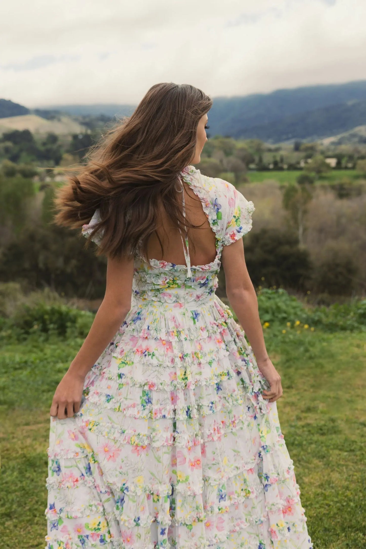 White Floral Ruffle Open Back Cotton Midi Dress - Mac Duggal