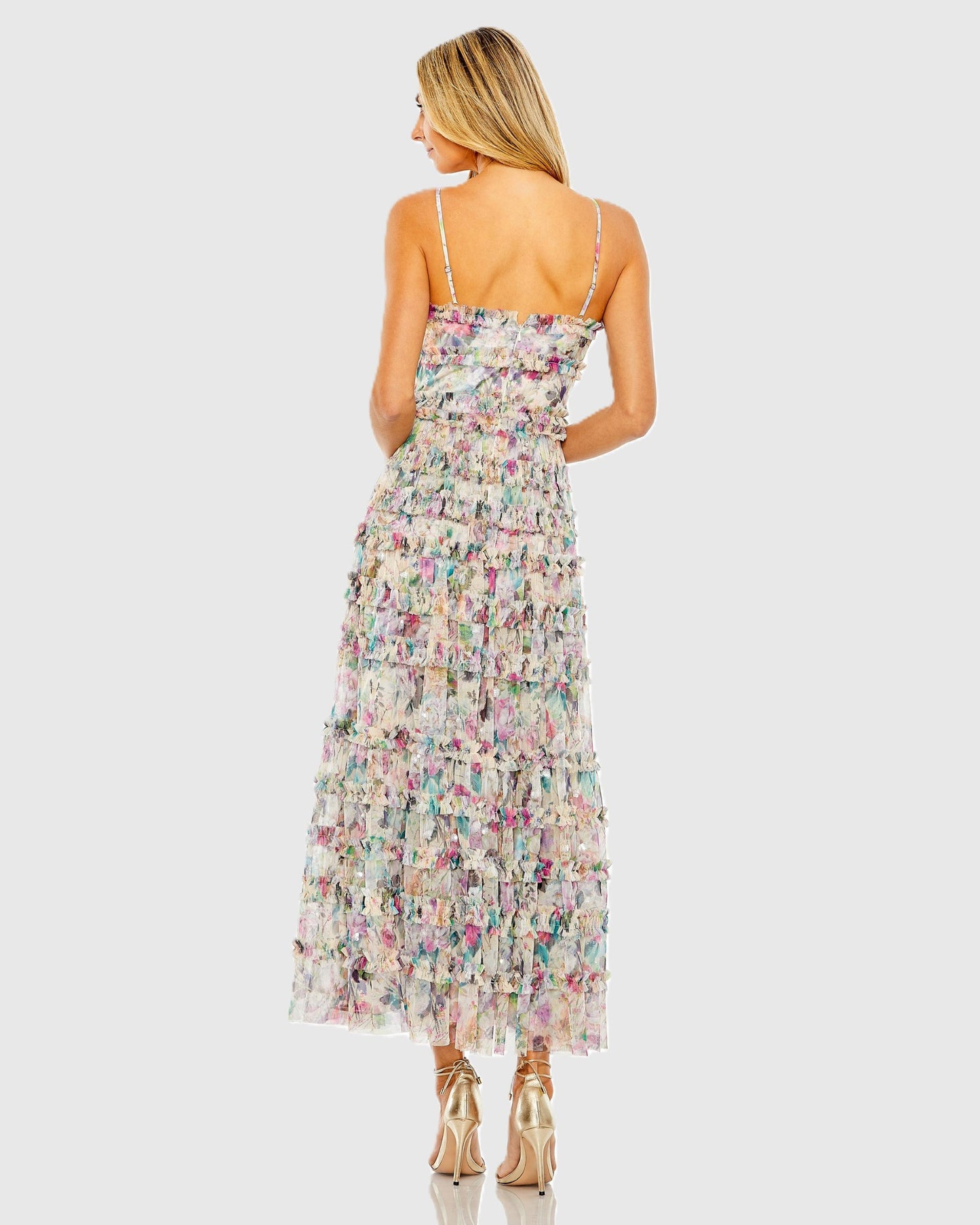 Multicolor Floral Sequined Tiered Ruffle Midi Dress Mac Duggal