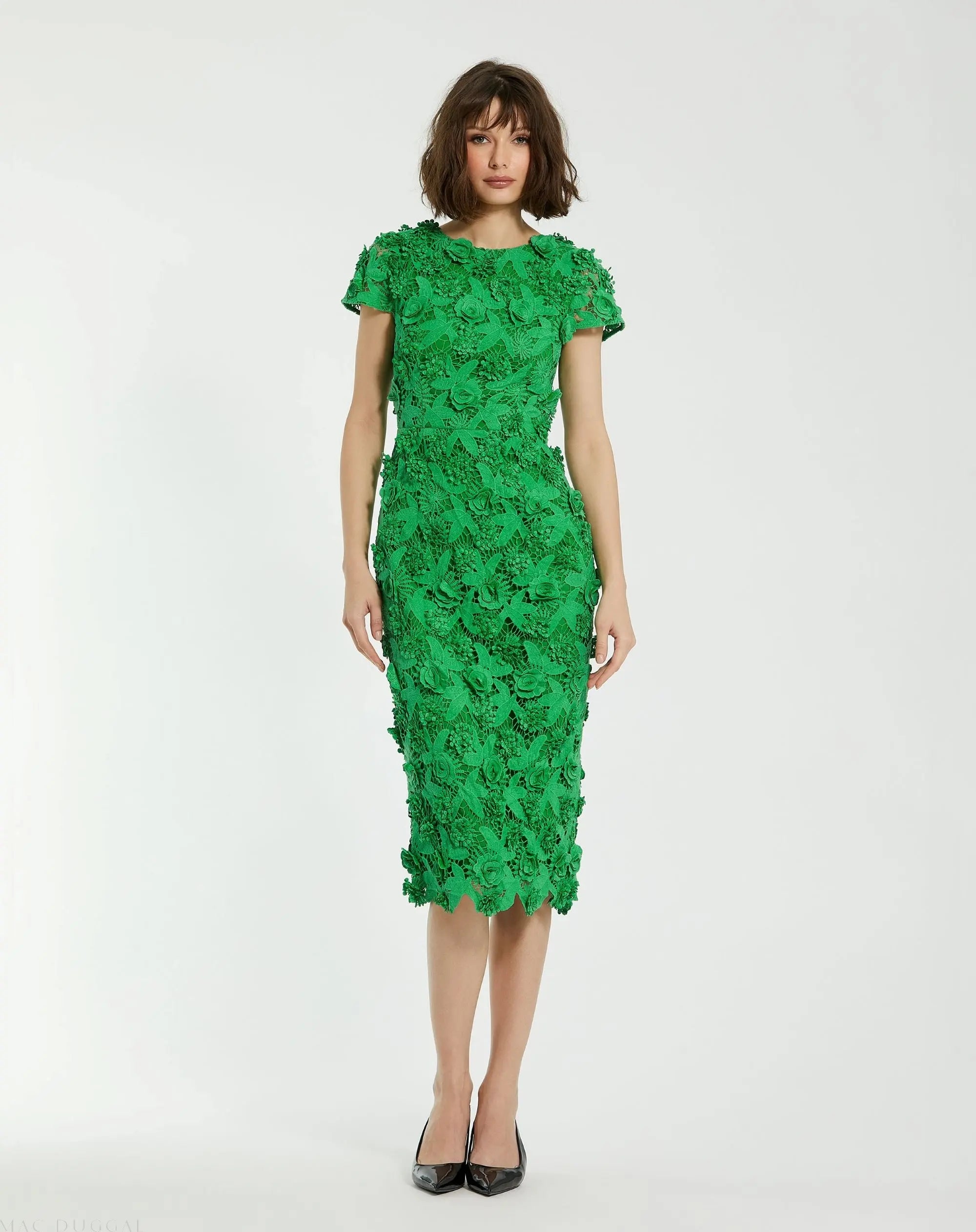 Floral Lace Fitted Short Sleeve Midi Dress Floral Lace Fitted Short Sleeve Midi Dress