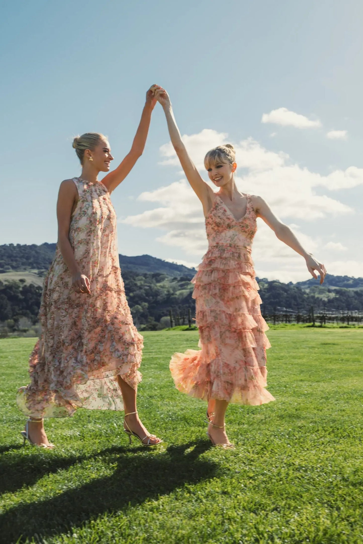 Pink Sleeveless V Neck Floral Mesh Ruffle Midi Dress - Mac Duggal