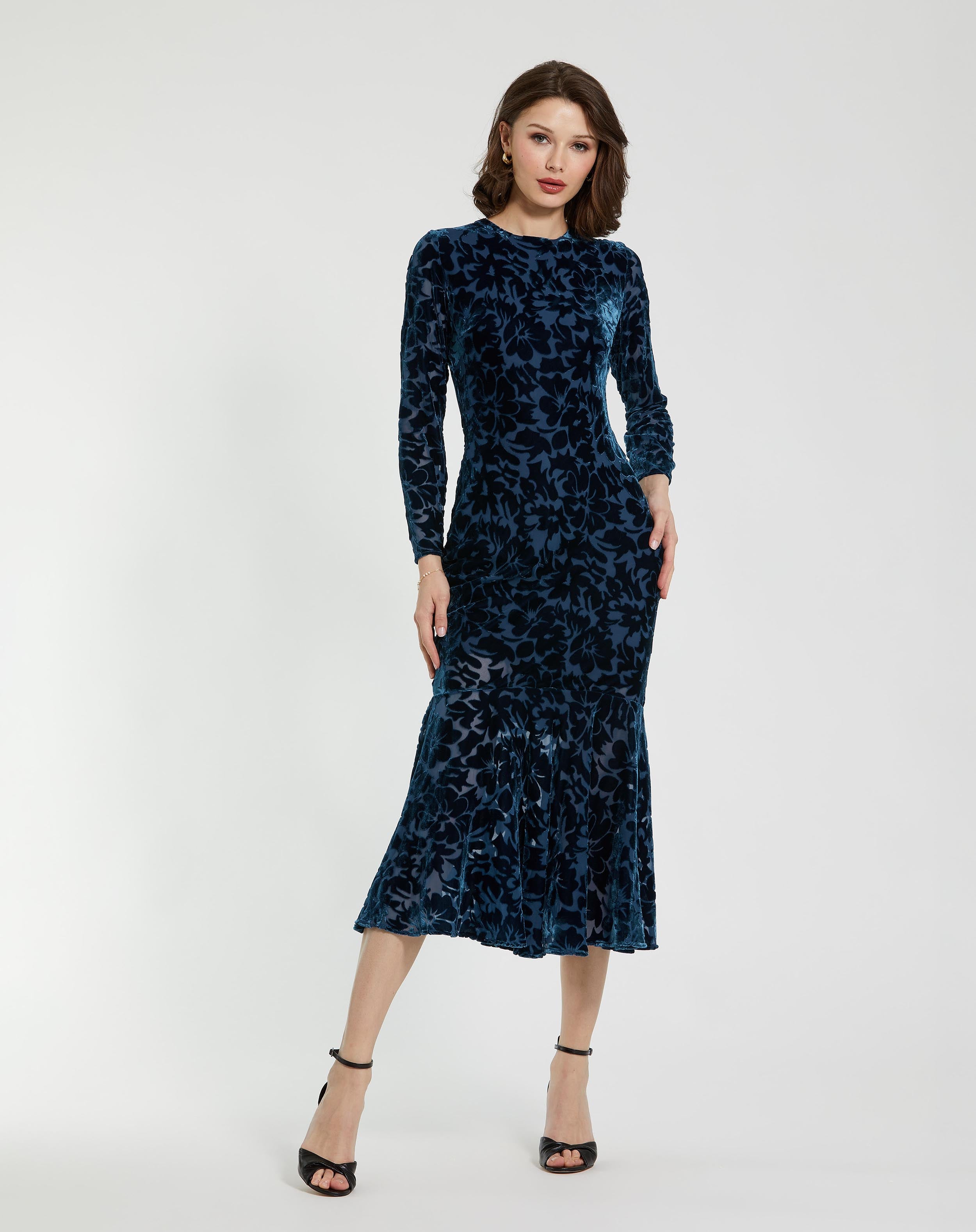 Mac Duggal - Dark Blue Burnout Velvet Long Sleeve Midi Dress
