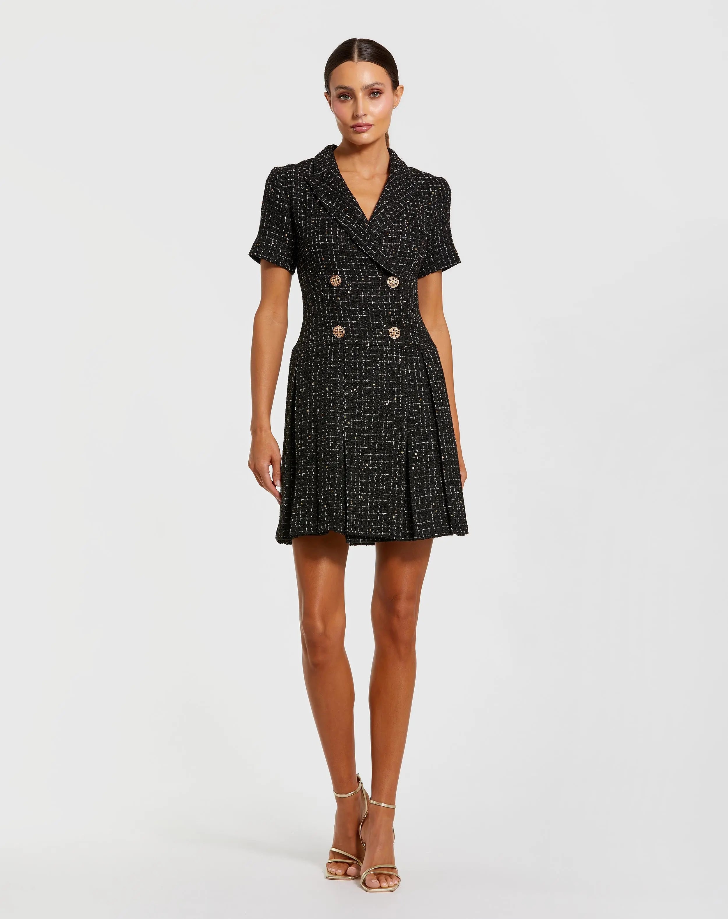 Black Short Sleeve V Neck Tweed Blazer Mini Dress | Mac Duggal