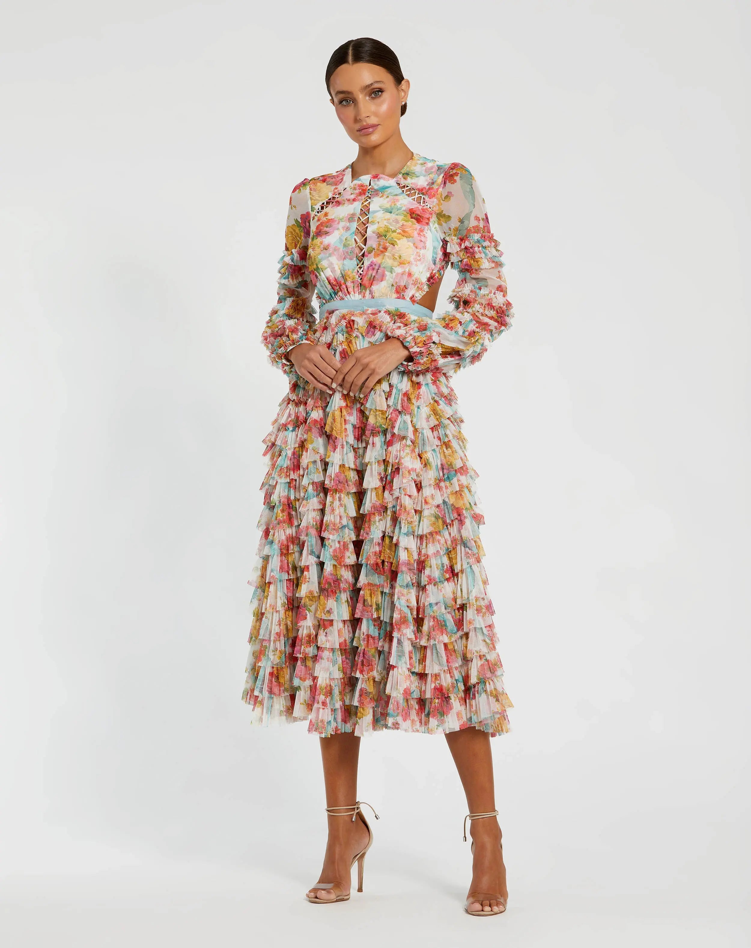 Mac Duggal - Multicolor Long Sleeve Ruffle Criss Cross Midi Dress - White Multi / US 10 Mac Duggal - Multicolor Long Sleeve Ruffle Criss Cross Midi Dress - White Multi / US 10