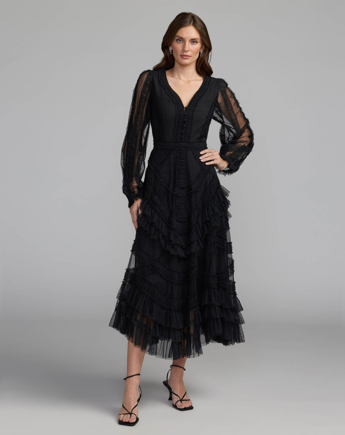 Black Long Sleeve V-Neck Micro Ruffle Midi Dress - Mac Duggal