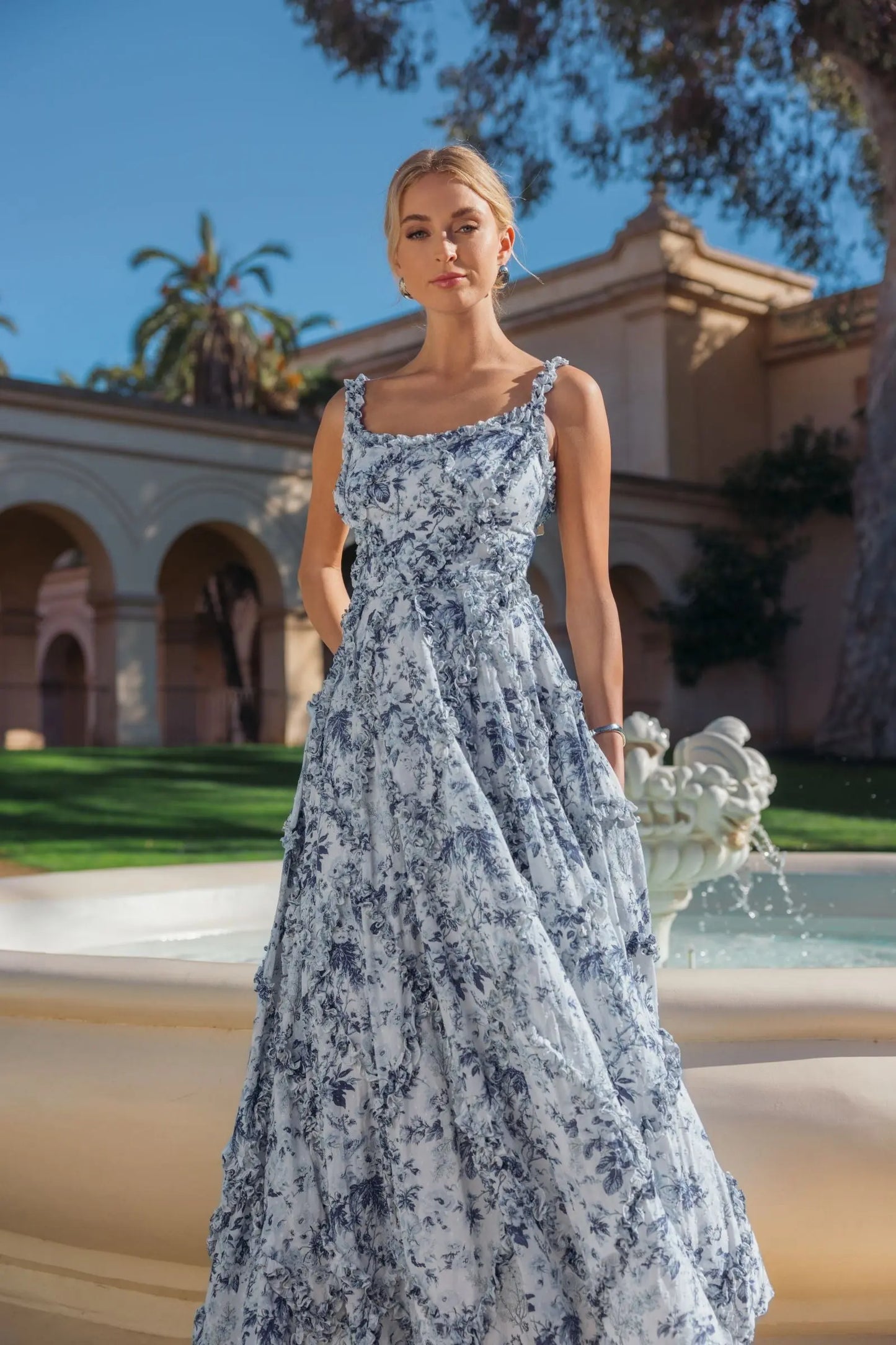 Blue and White Ruffle Scoop Neck Floral A-Line Dress - Mac Duggal