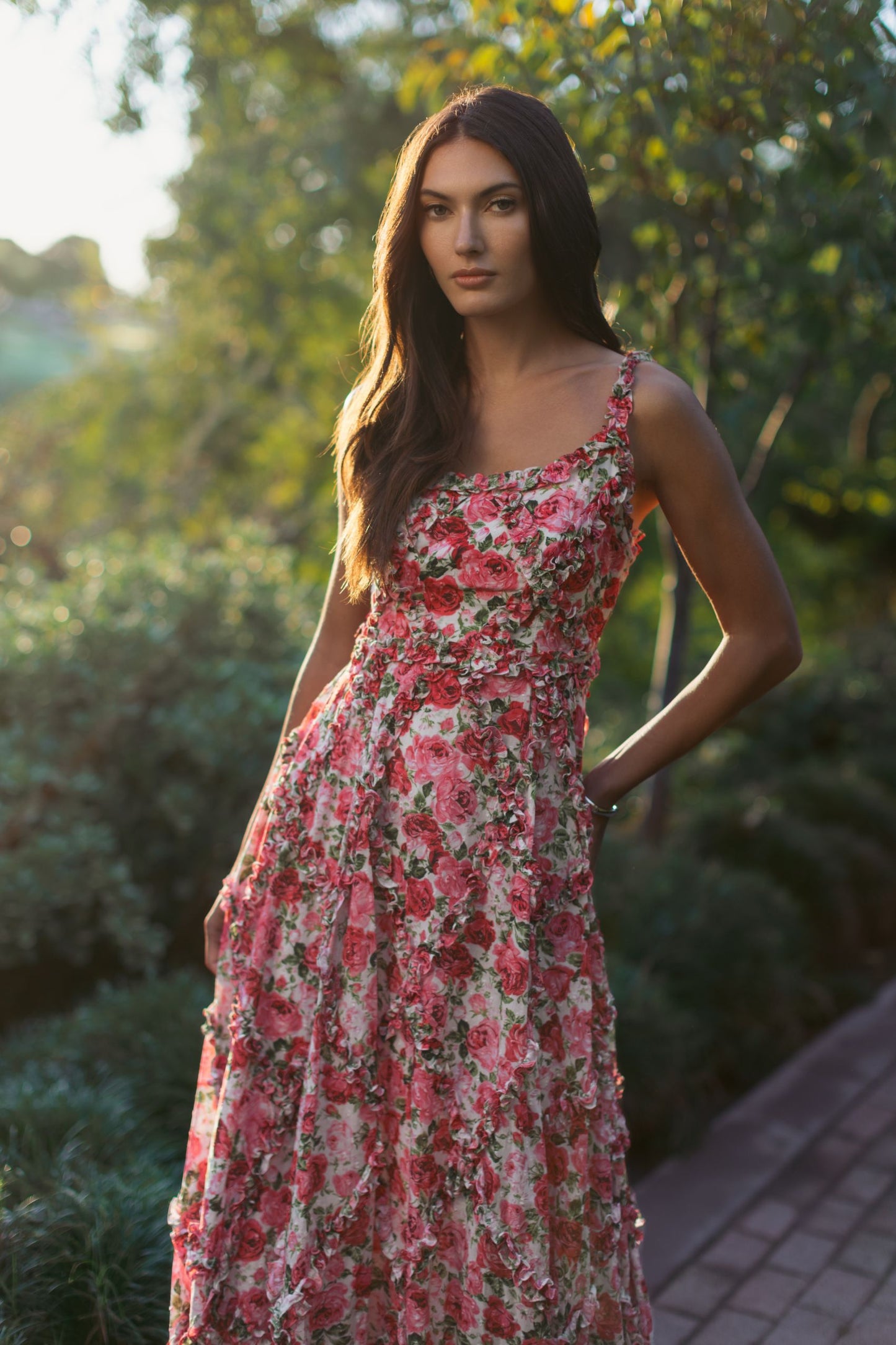 Pink Ruffle Scoop Neck Floral A-Line Dress Mac Duggal