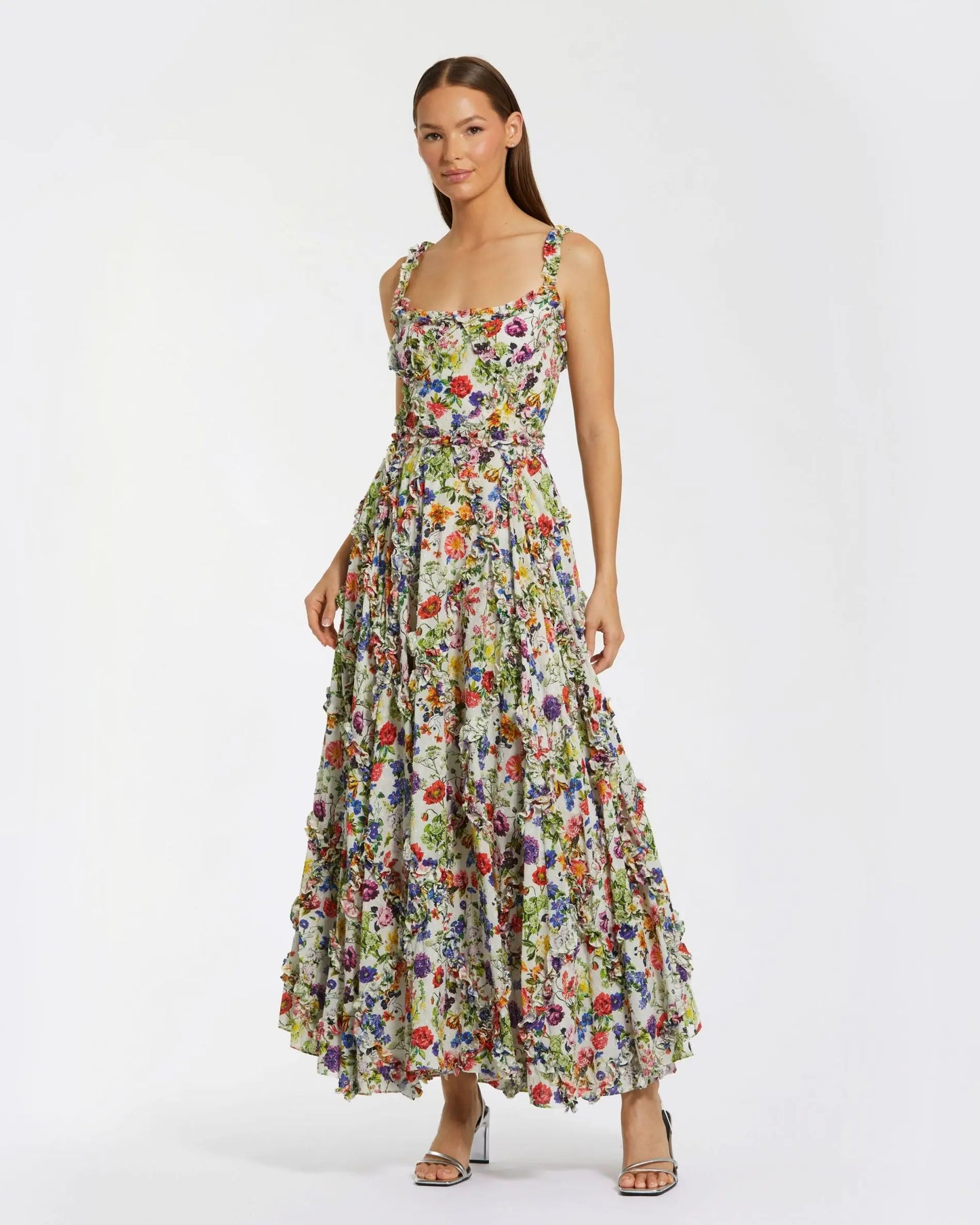 Multicolor Ruffle Scoop Neck Floral A-Line Dress Mac Duggal