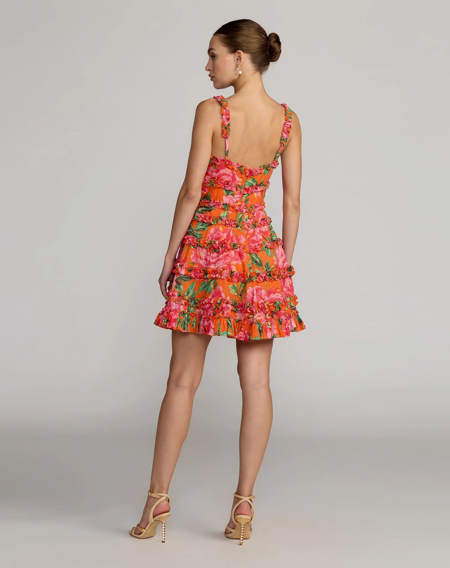Orange Floral Square Neck Ruffled Cotton Mini Dress Mac Duggal